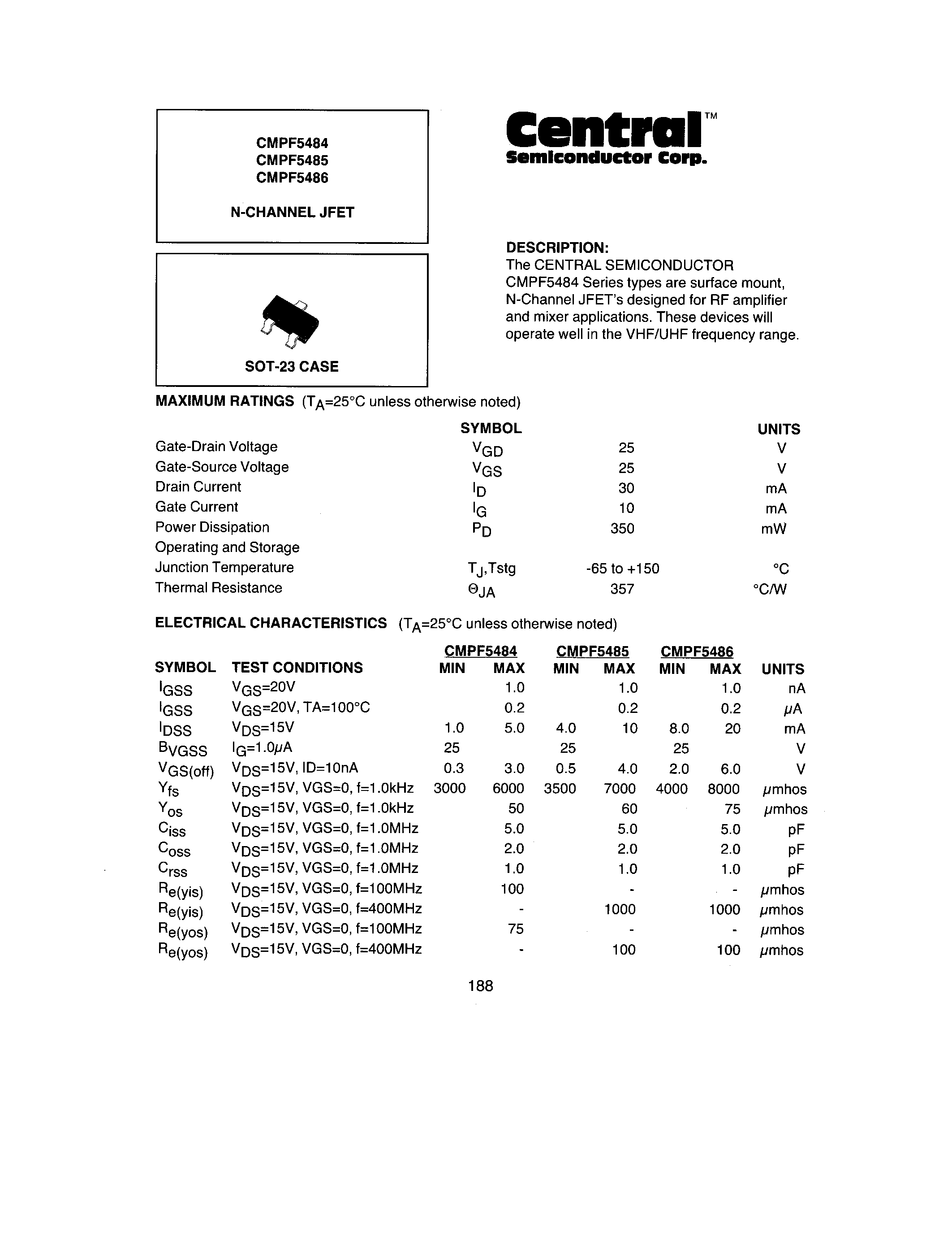 Datasheet CMPF5484 - N-CHANNEL JFET page 1