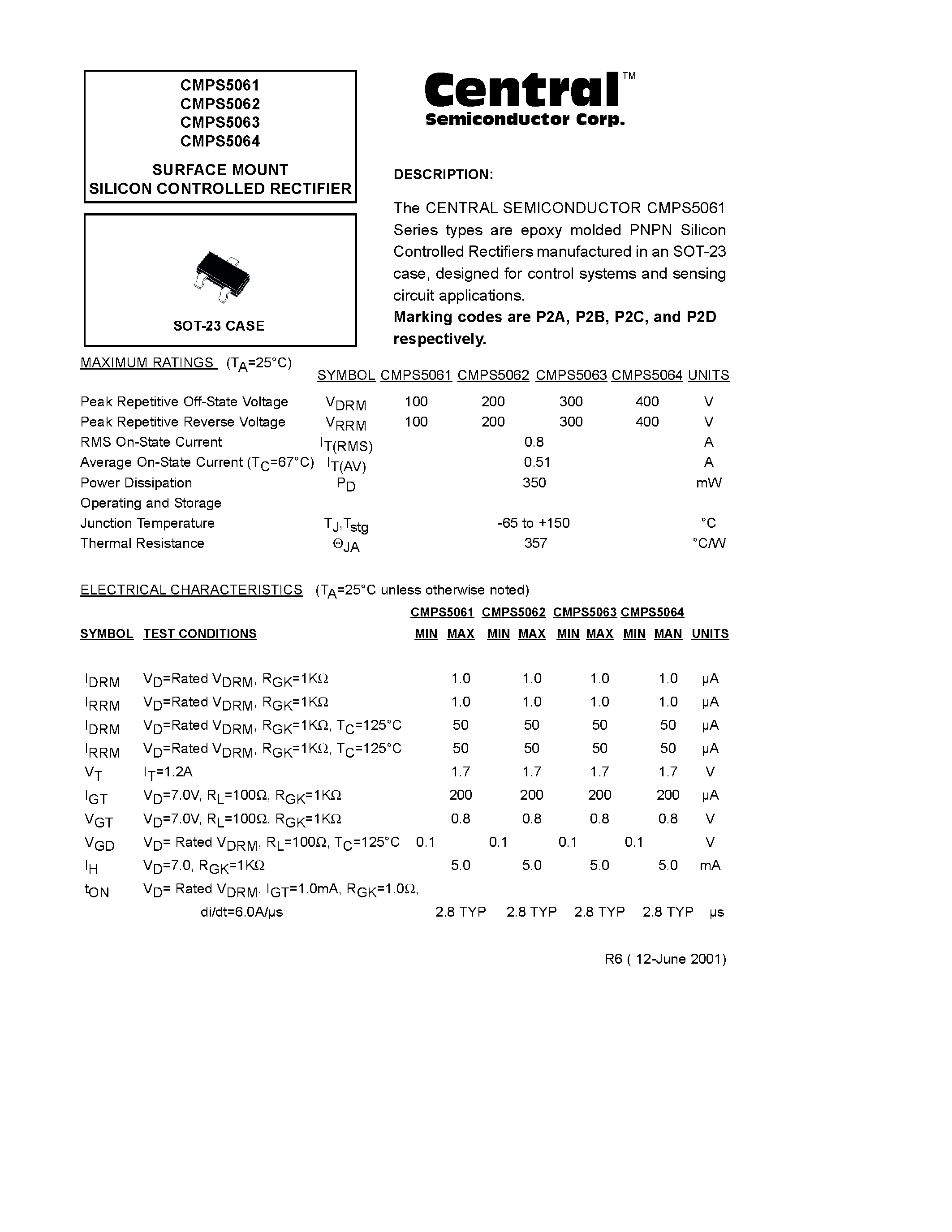 Datasheet CMPS5062 page 1 Datasheet CMPS5062 - SURFACE MOUNT SILICON CONTROLLED RECTIFIER page 1