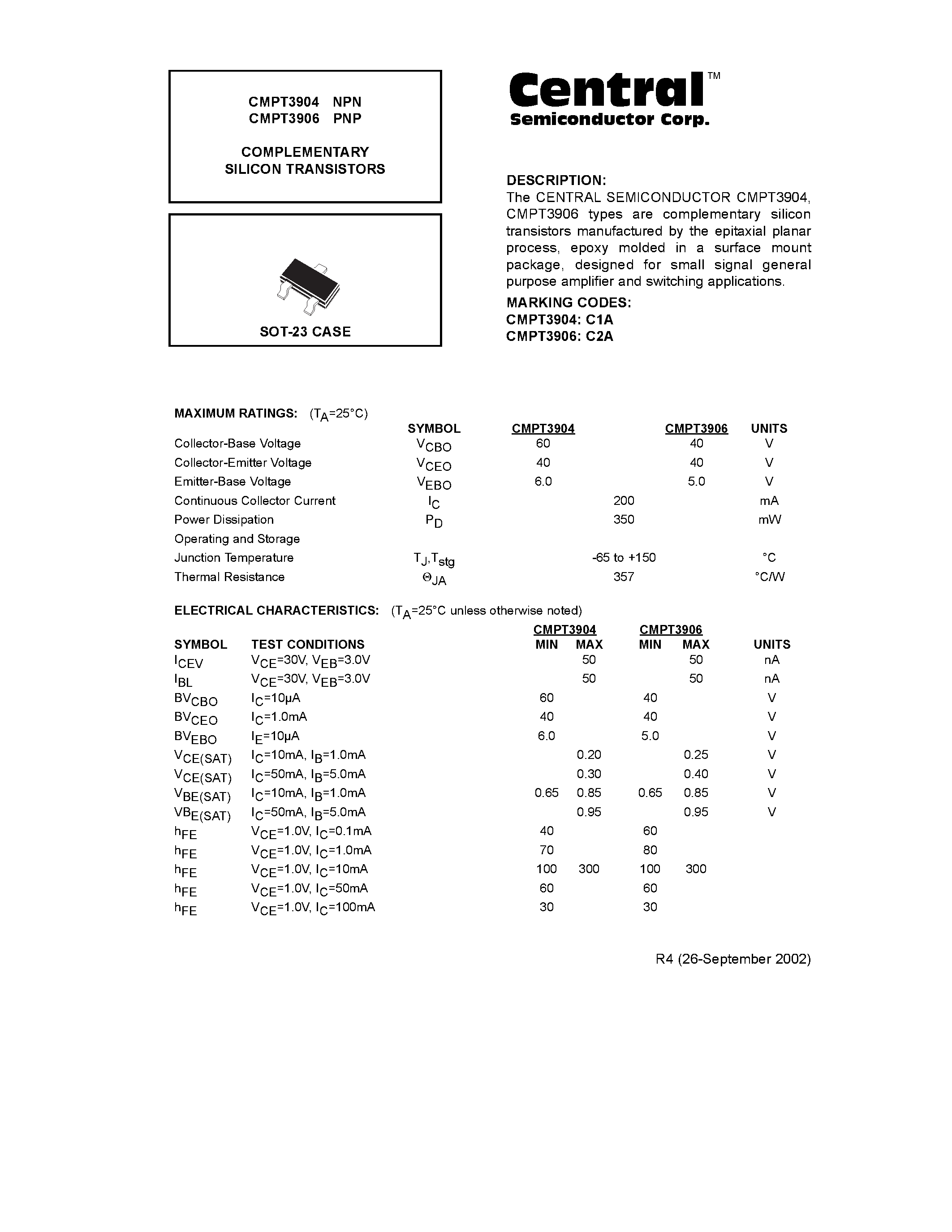 Даташит CMPT3906 - COMPLEMENTARY SILICON TRANSISTORS страница 1