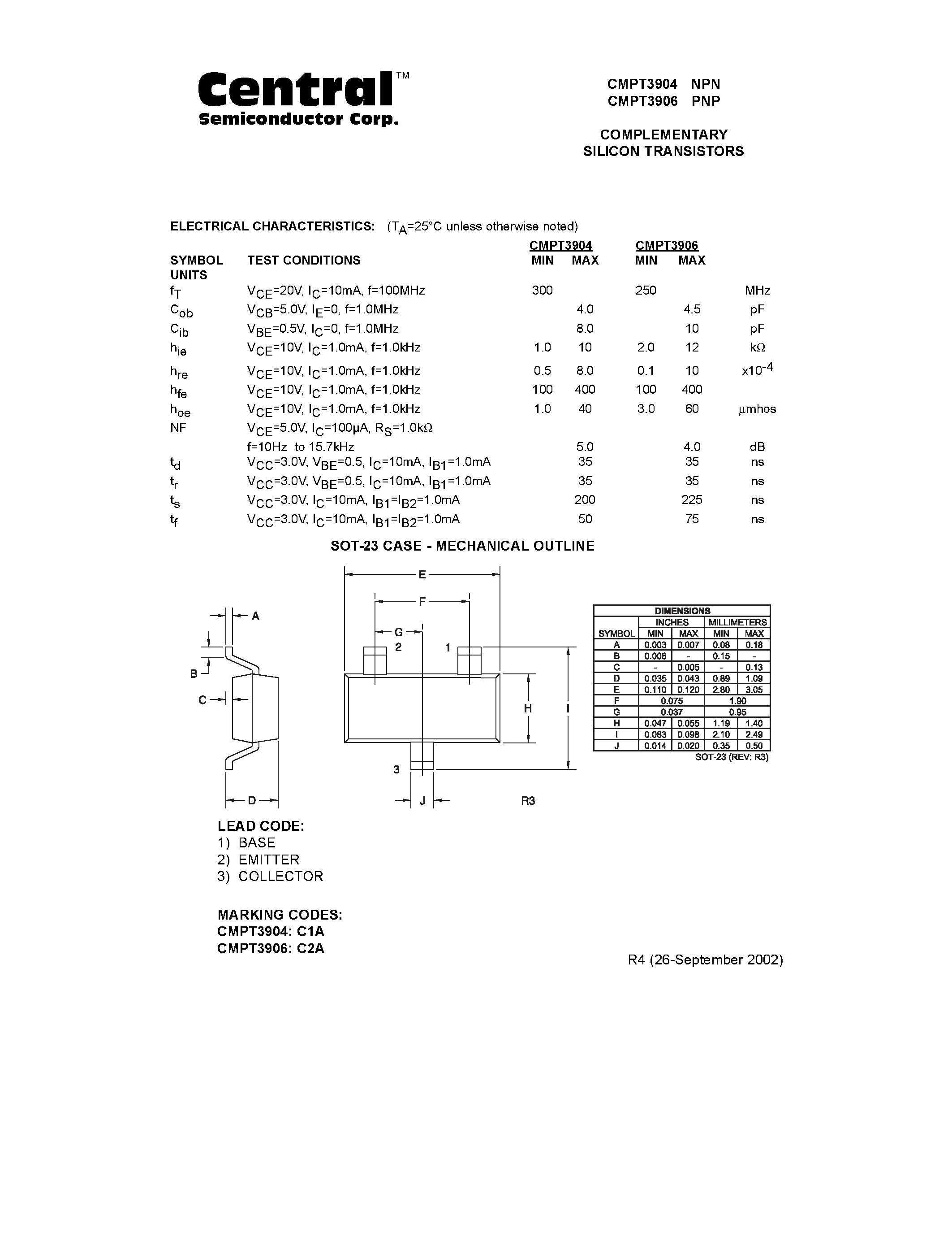 Даташит CMPT3906 - COMPLEMENTARY SILICON TRANSISTORS страница 2