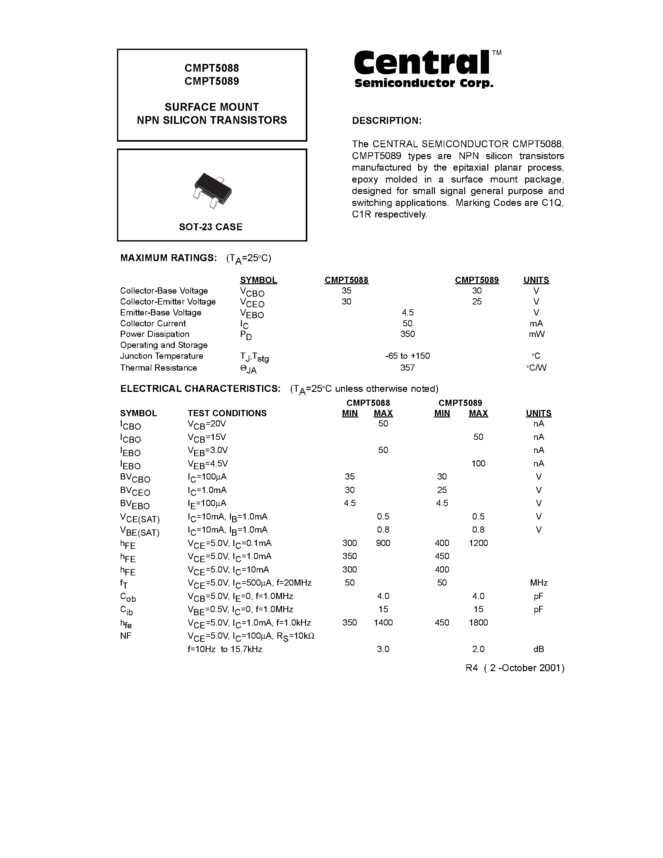 Даташит CMPT5088 - SURFACE MOUNT NPN SILICON TRANSISTORS страница 1