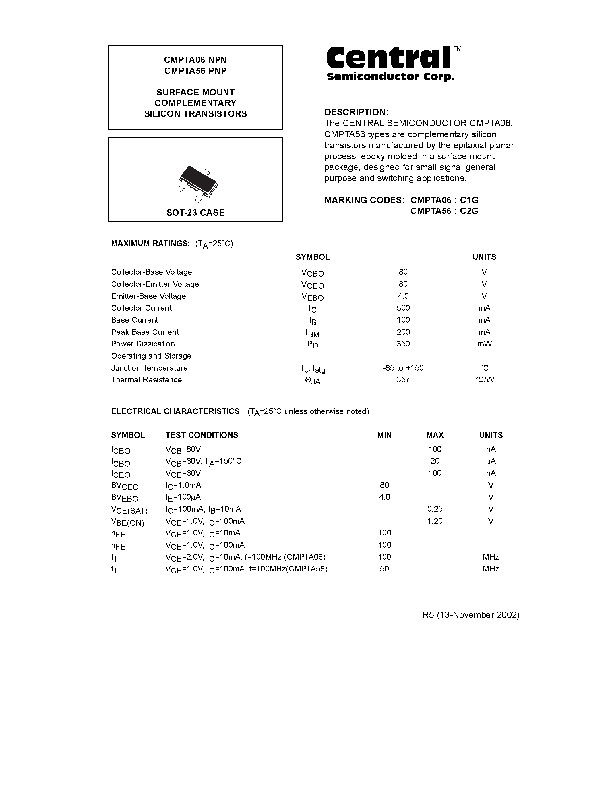 Даташит CMPTA06 - SURFACE MOUNT COMPLEMENTARY SILICON TRANSISTORS страница 1