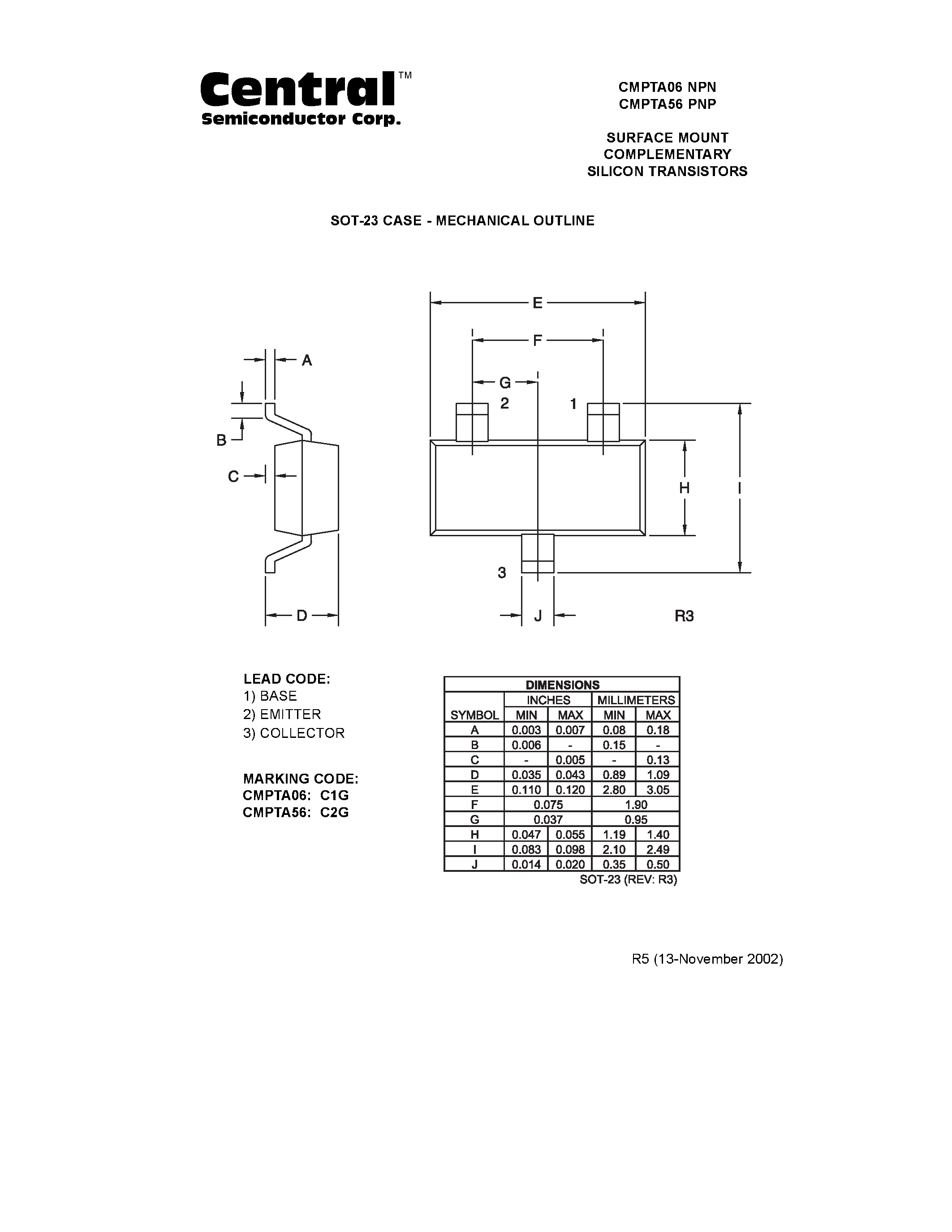 Даташит CMPTA56 - SURFACE MOUNT COMPLEMENTARY SILICON TRANSISTORS страница 2