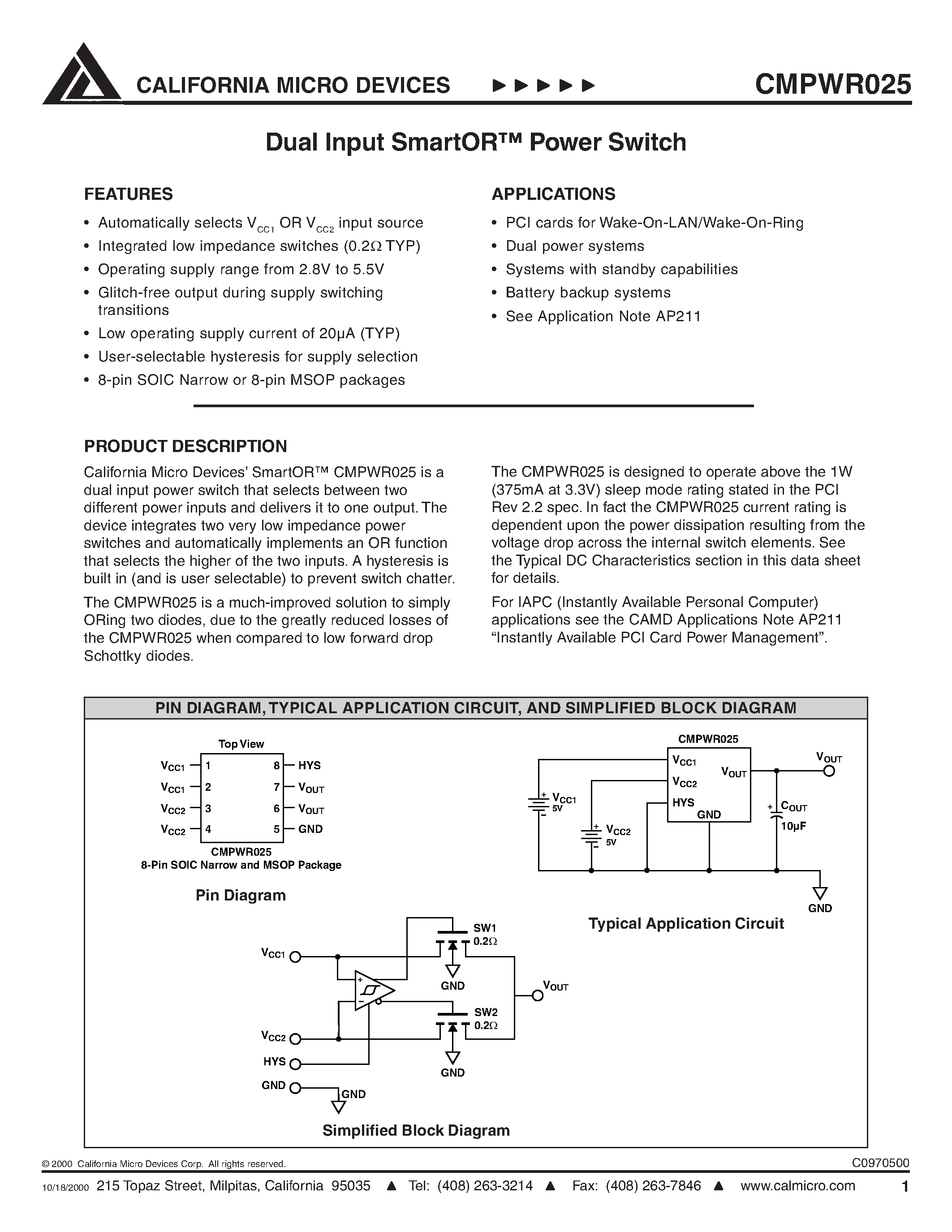 Даташит на микросхему CMPWR025 страница 1 Даташит CMPWR025 - Dual Input SmartOR Power Switch страница 1