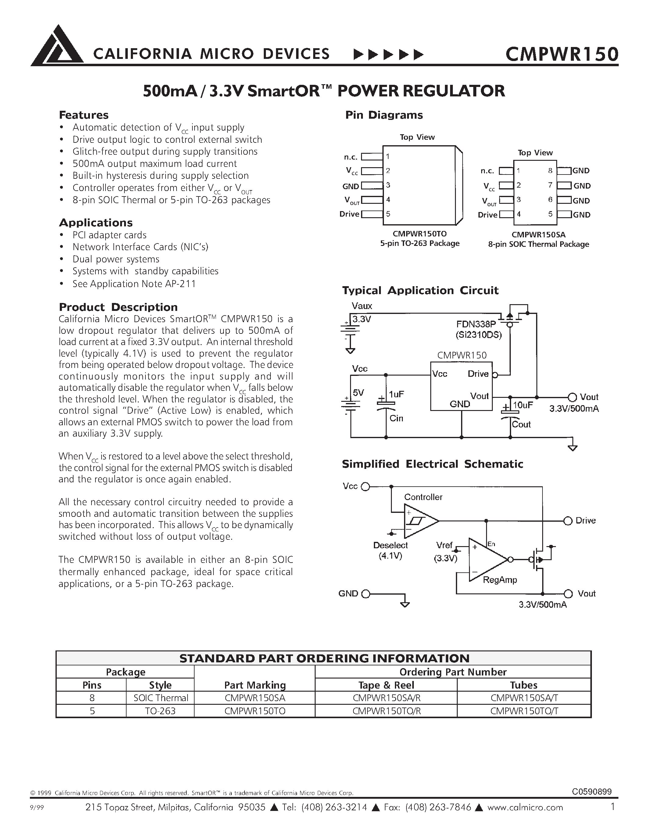 Datasheet CMPWR150TO page 1 Datasheet CMPWR150TO - 500mA/3.3V SMARTOR Power Regulator page 1