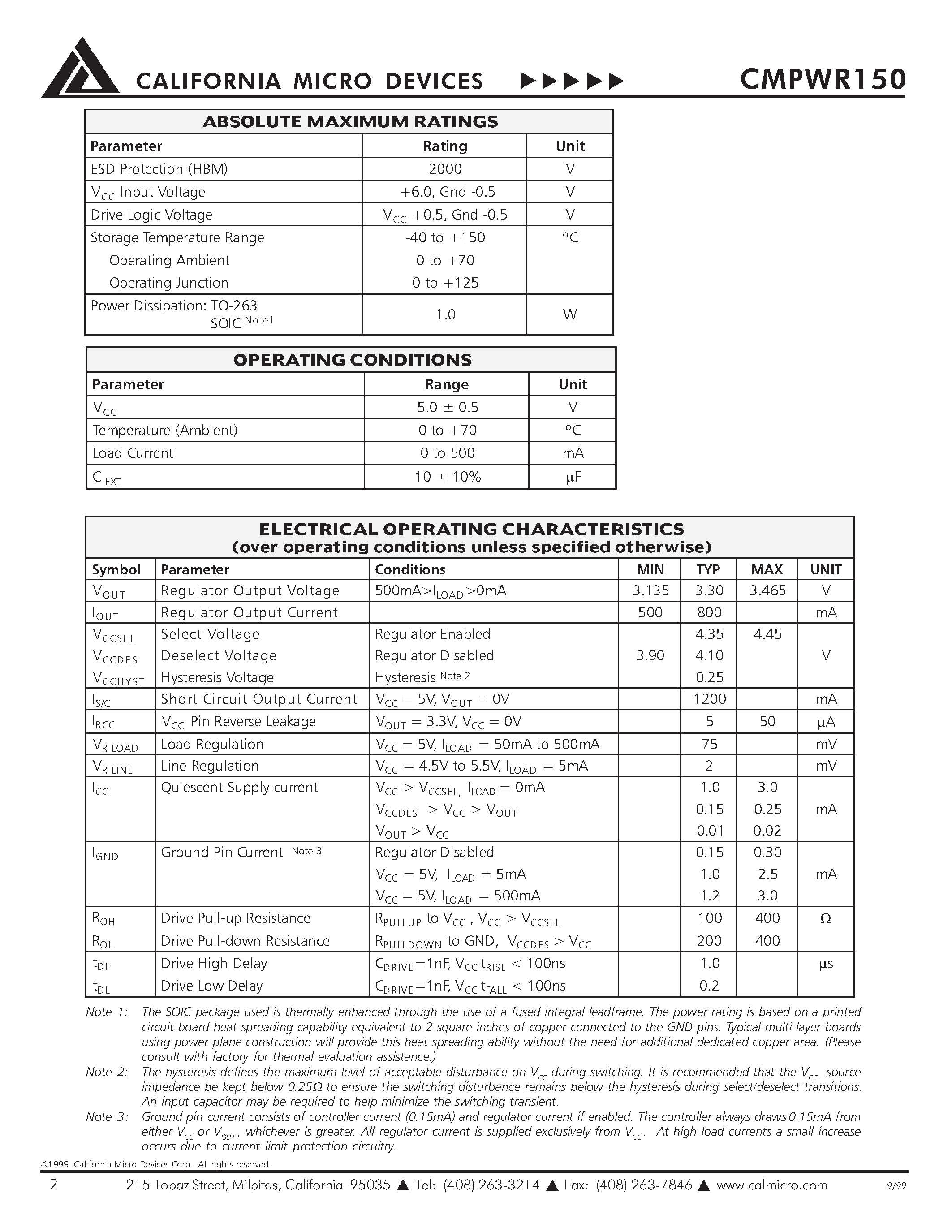 Datasheet CMPWR150TO page 2 Datasheet CMPWR150TO - 500mA/3.3V SMARTOR Power Regulator page 2
