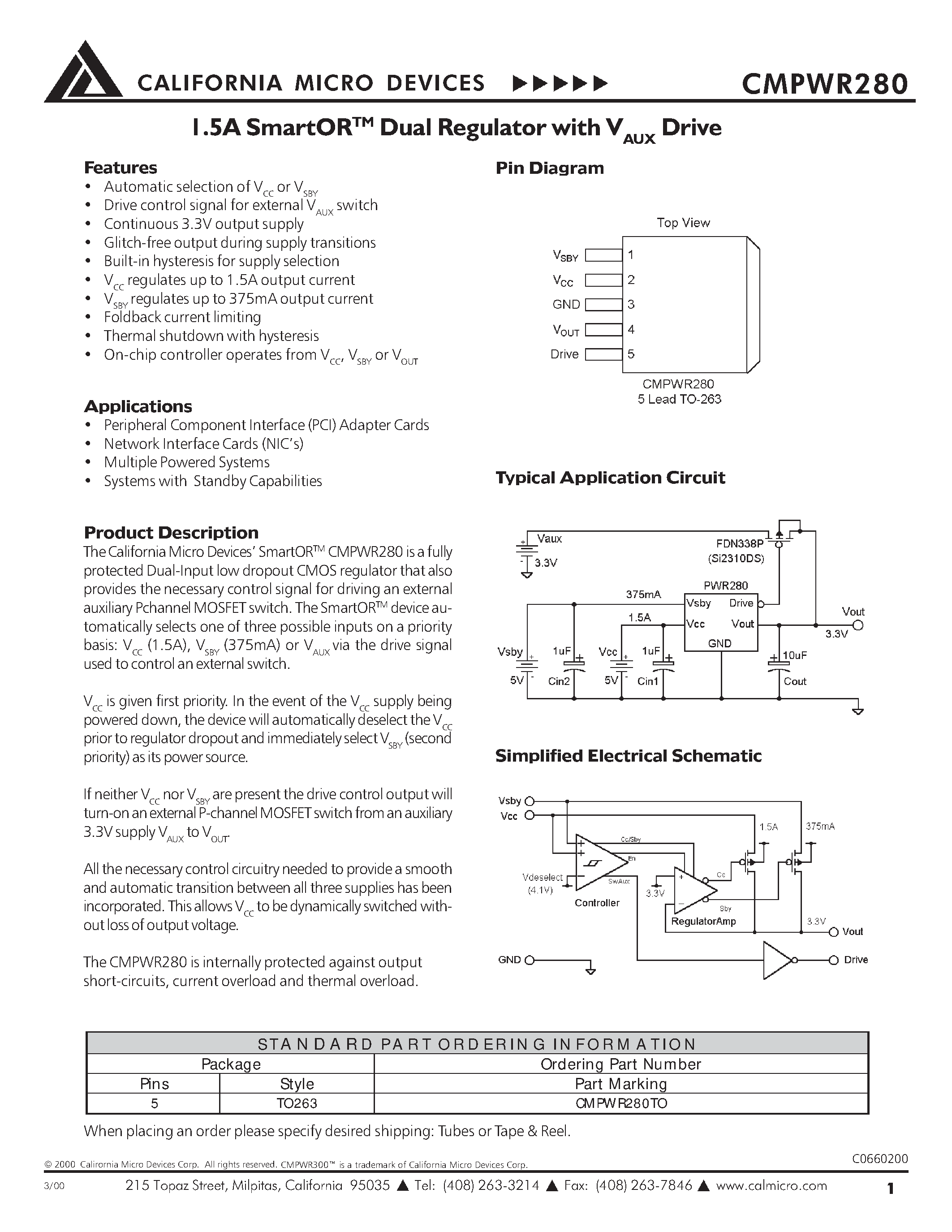 Datasheet CMPWR280TO page 1 Datasheet CMPWR280TO - 1.5A SMARTOR Dual Regulator with V Drive page 1
