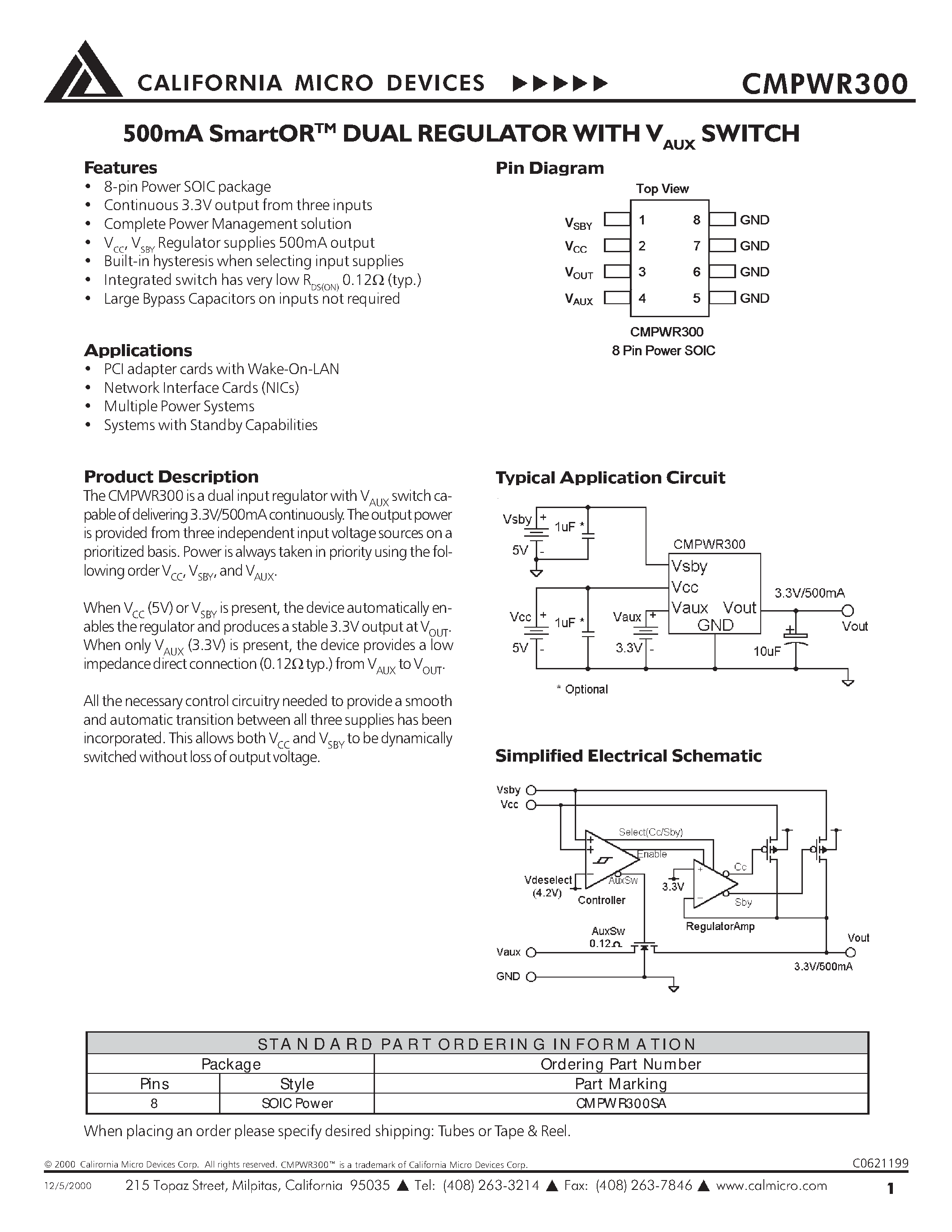 Datasheet CMPWR300 - 500mA SMARTOR Dual Regulator with V switch page 1