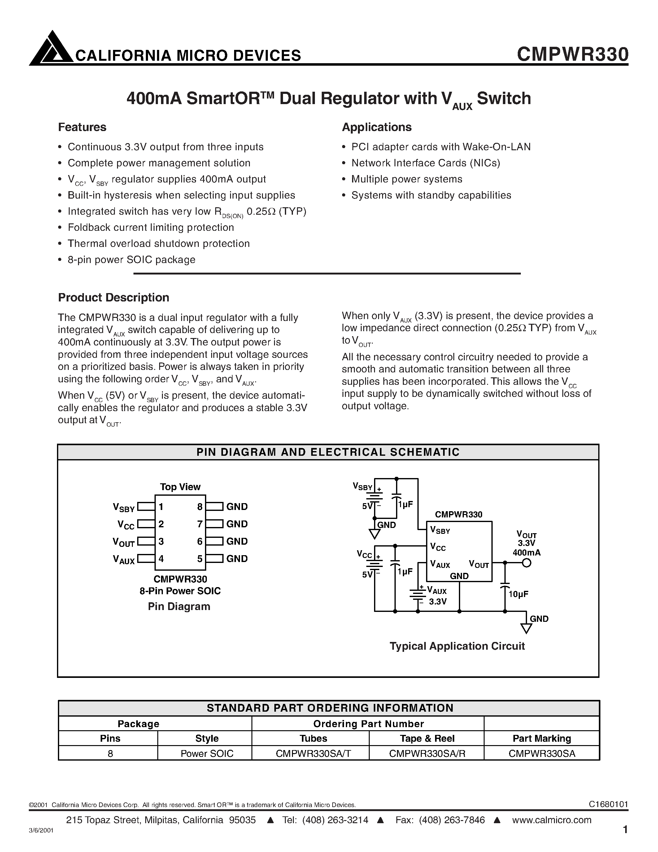 Datasheet CMPWR330SA - 400mA SMARTOR Dual Regulator with V switch page 1