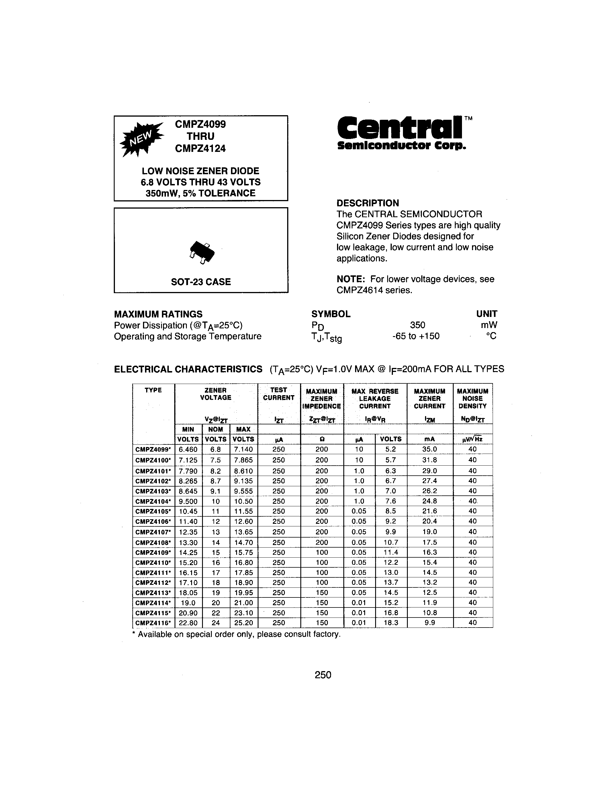 Datasheet CMPZ4112 - LOW NOISE ZENER DIODE 6.8 VOLTS THRU 43 VOLTS 350mW/5% TOLERANCE page 1