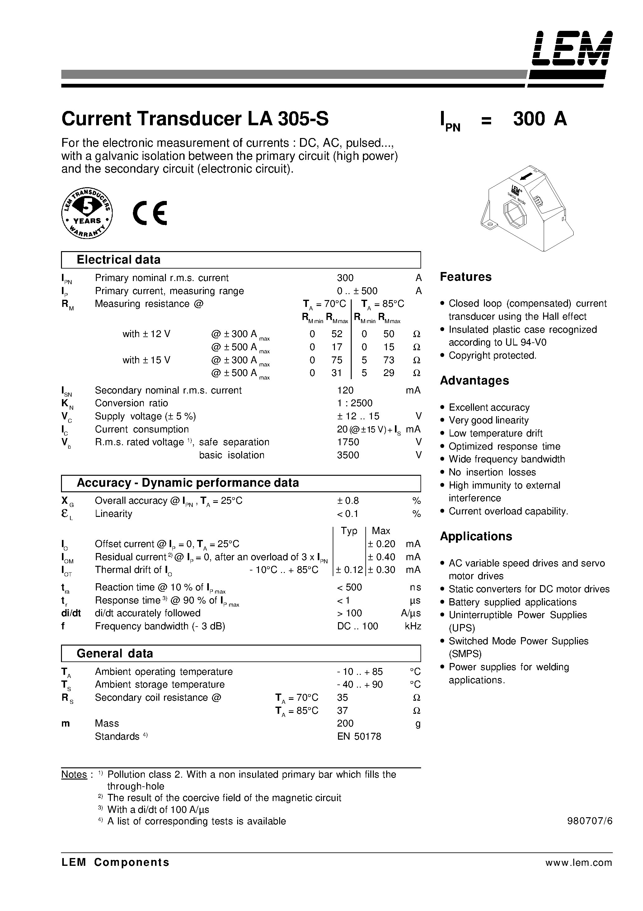 Datasheet LA305-S - Current Transducer LA 305-S page 1