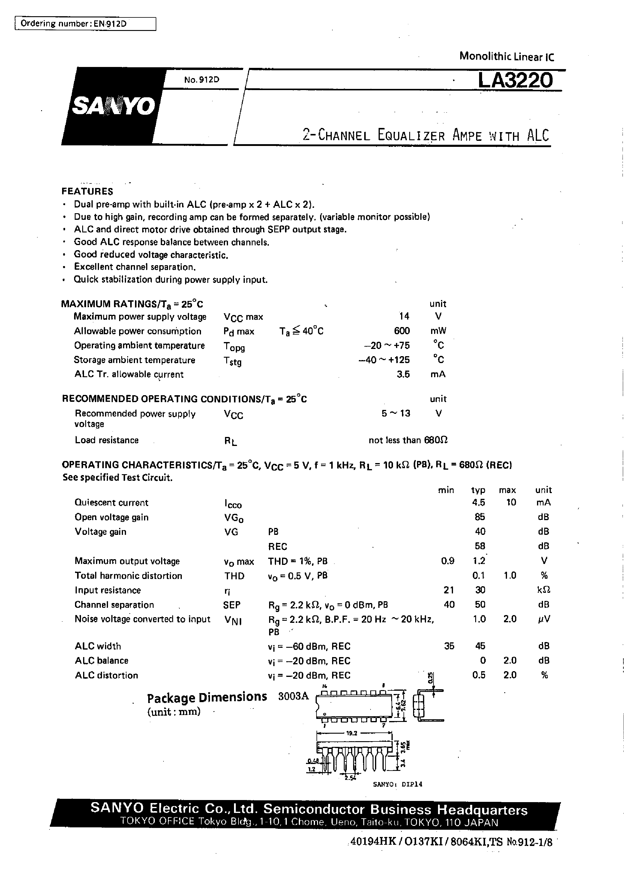 Datasheet LA3220 page 1 Datasheet LA3220 - 2-Channel Equalizer Ampe With ALC page 1