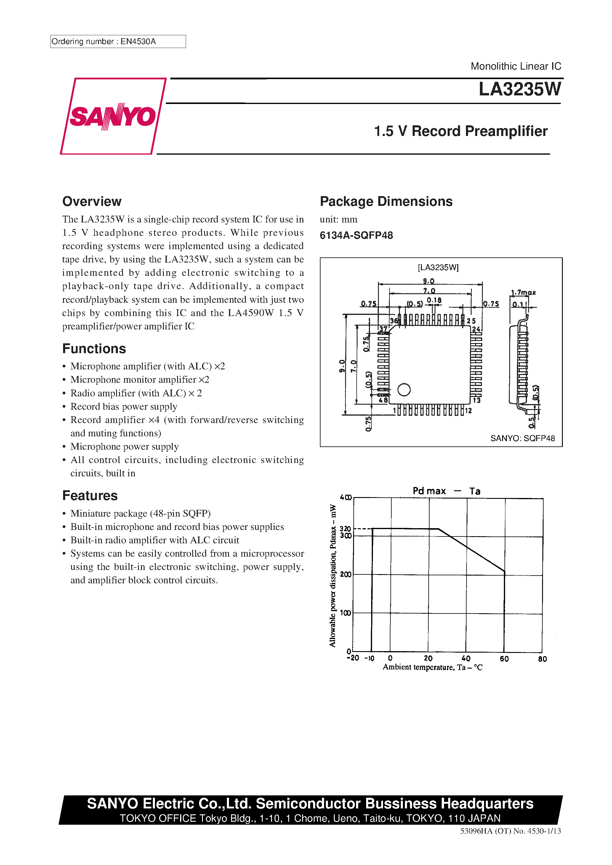 Datasheet LA3235W - 1.5 V Record Preamplifier page 1