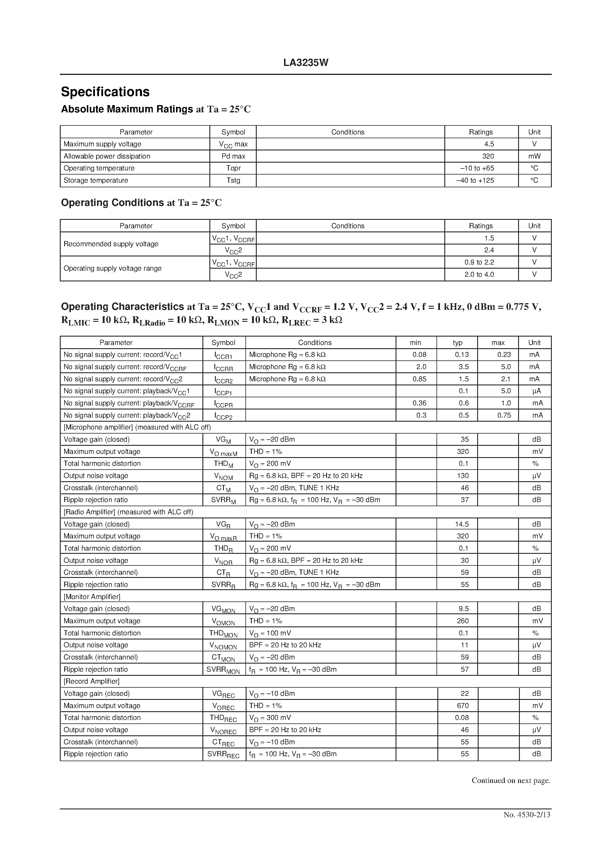 Datasheet LA3235W - 1.5 V Record Preamplifier page 2