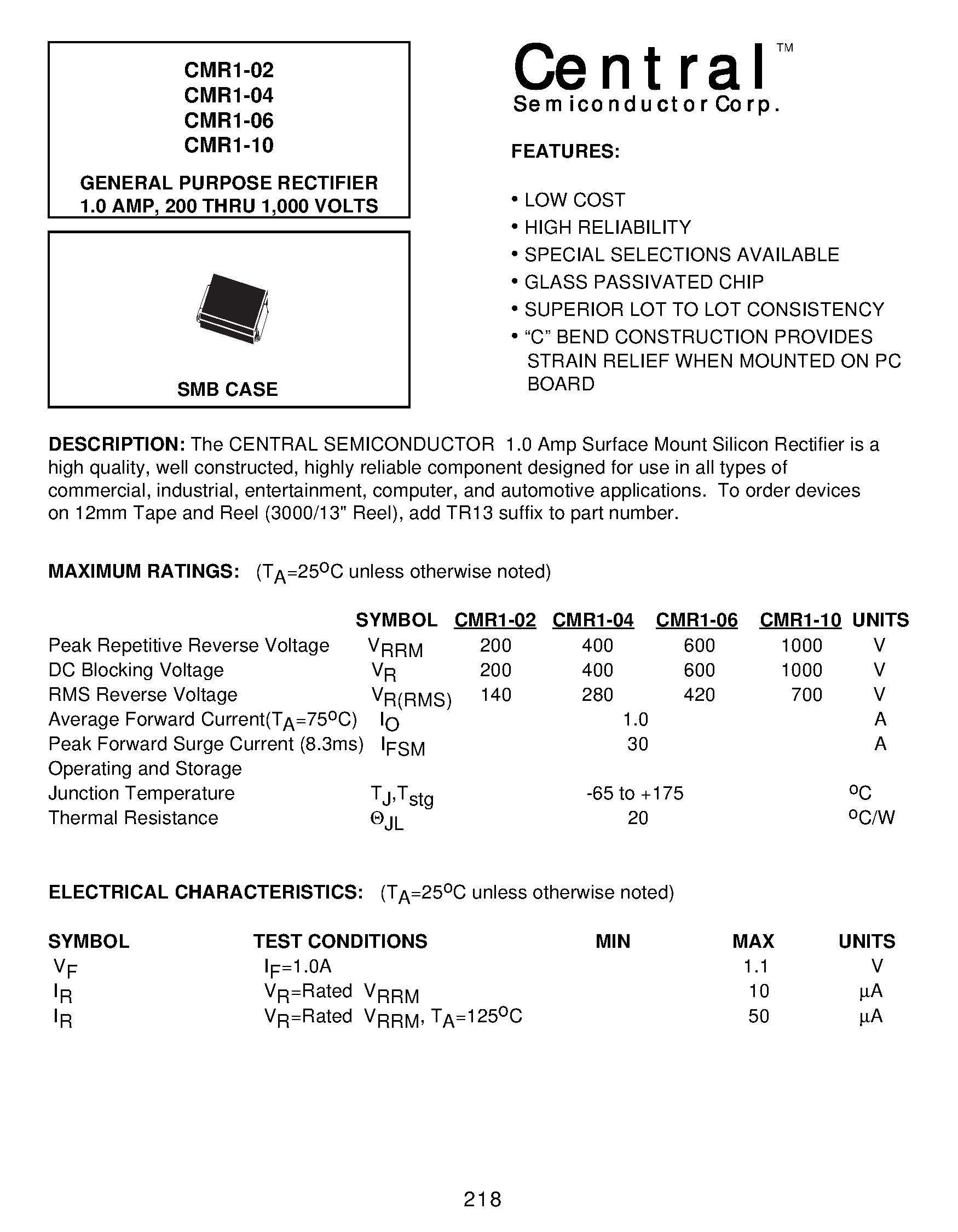 Datasheet CMR1-04 - GENERAL PURPOSE RECTIFIER 1.0 AMP/ 200 THRU 1/000 VOLTS page 1