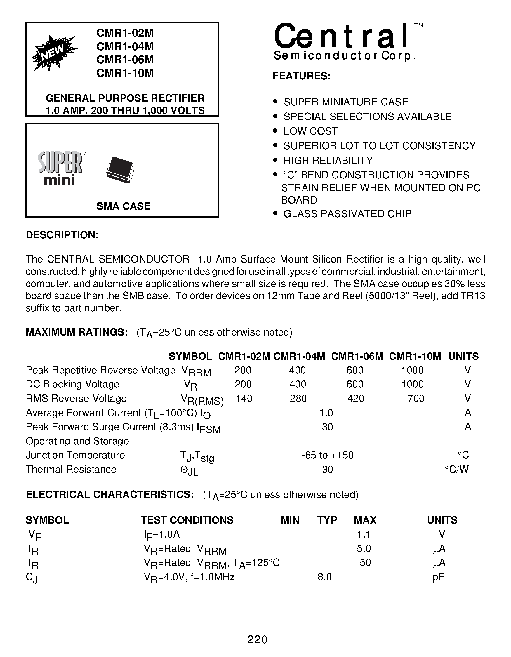 Datasheet CMR1-06M - GENERAL PURPOSE RECTIFIER 1.0 AMP/ 200 THRU 1/000 VOLTS page 1