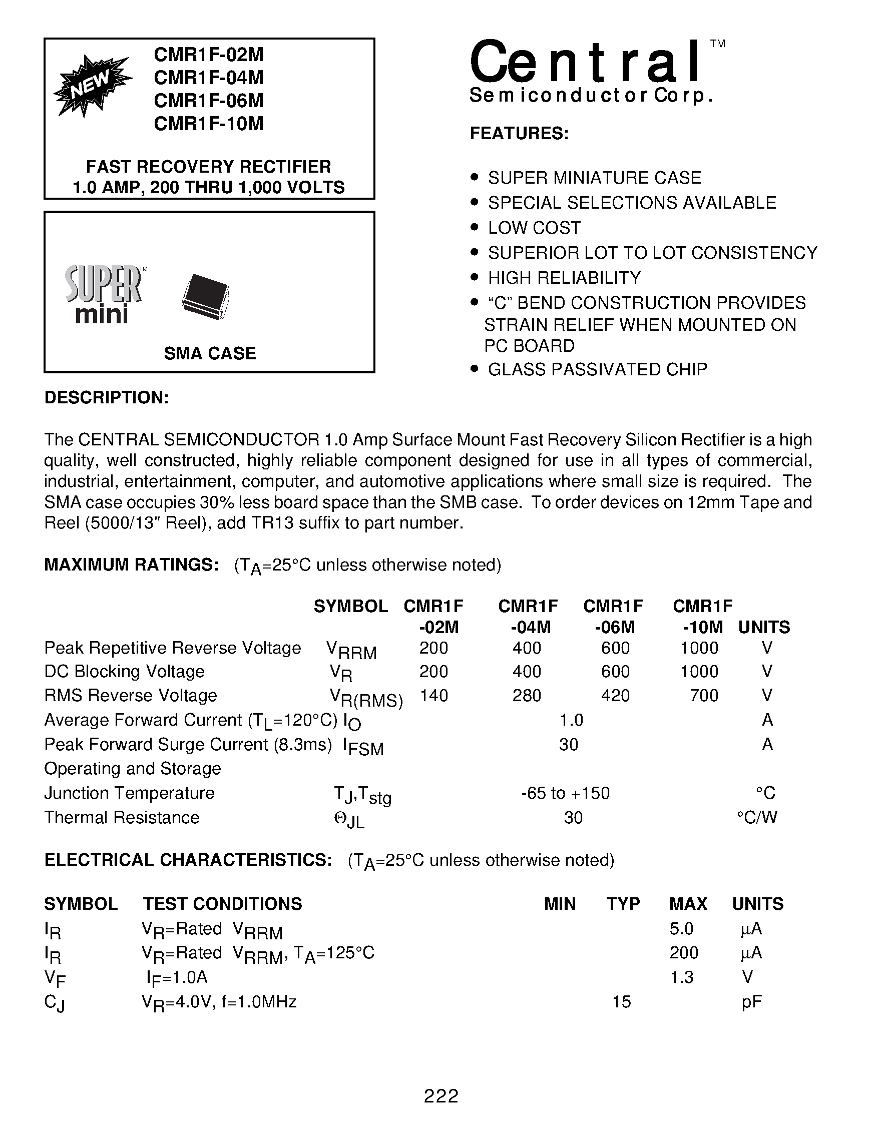 Datasheet CMR1F-06M - FAST RECOVERY RECTIFIER 1.0 AMP/ 200 THRU 1/000 VOLTS page 1