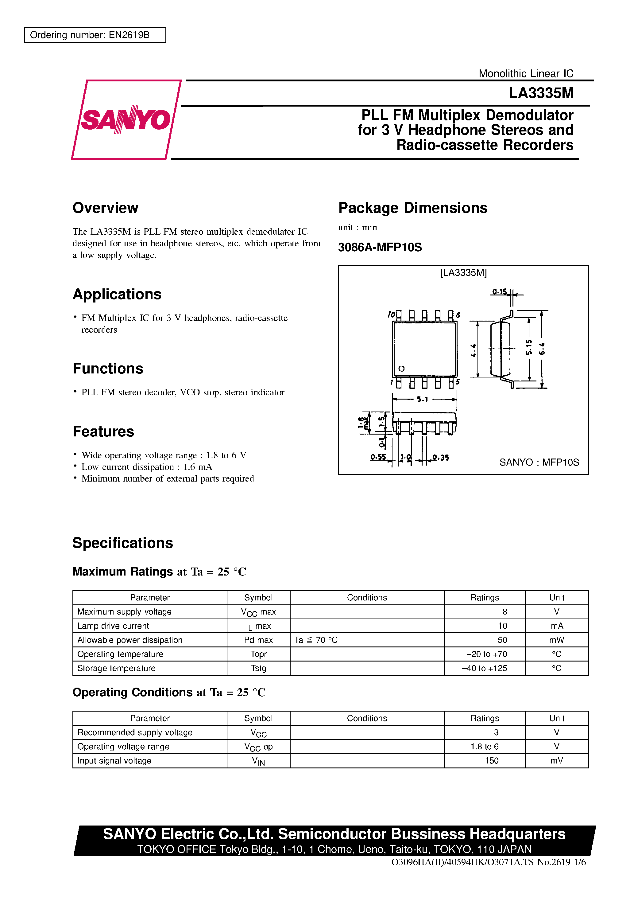Даташит LA3335M - PLL FM Multiplex Demodulator for 3 V Headphone Stereos and Radio-cassette Recorders страница 1