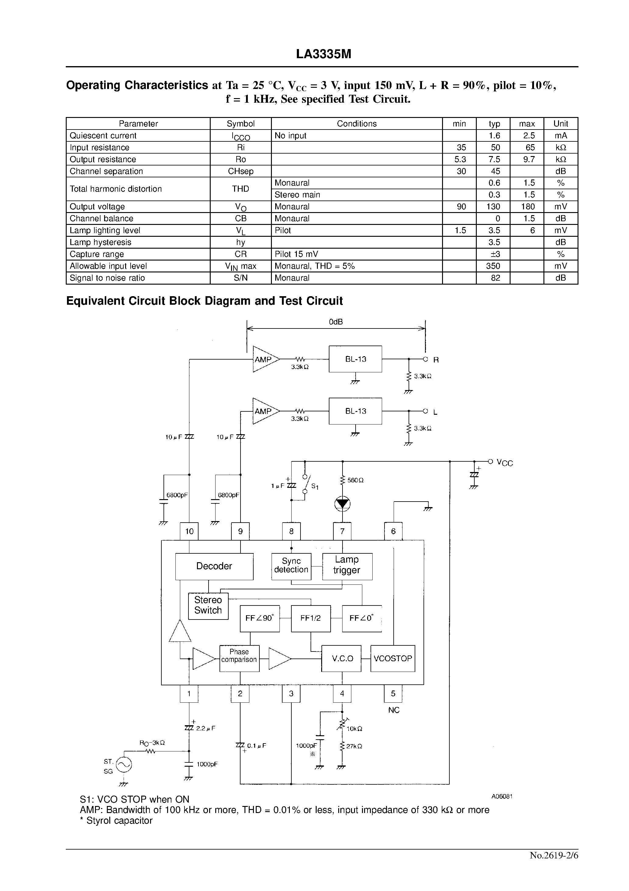 Даташит LA3335M - PLL FM Multiplex Demodulator for 3 V Headphone Stereos and Radio-cassette Recorders страница 2