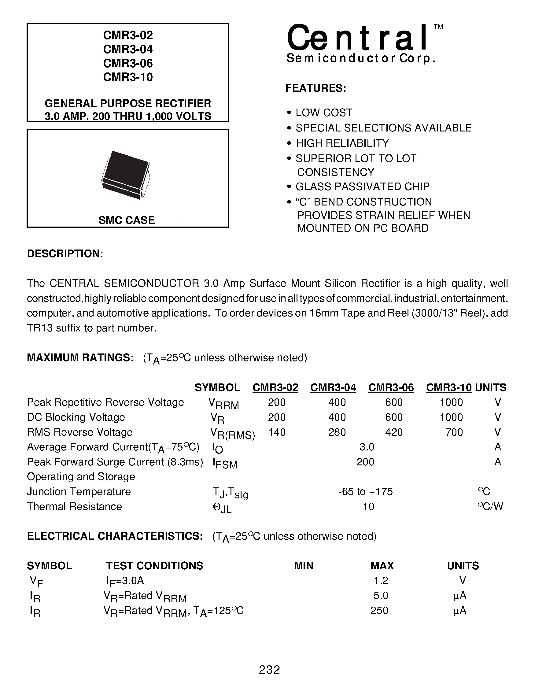 Datasheet CMR3-02 page 1 Datasheet CMR3-02 - GENERAL PURPOSE RECTIFIER 3.0 AMP/ 200 THRU 1/000 VOLTS page 1