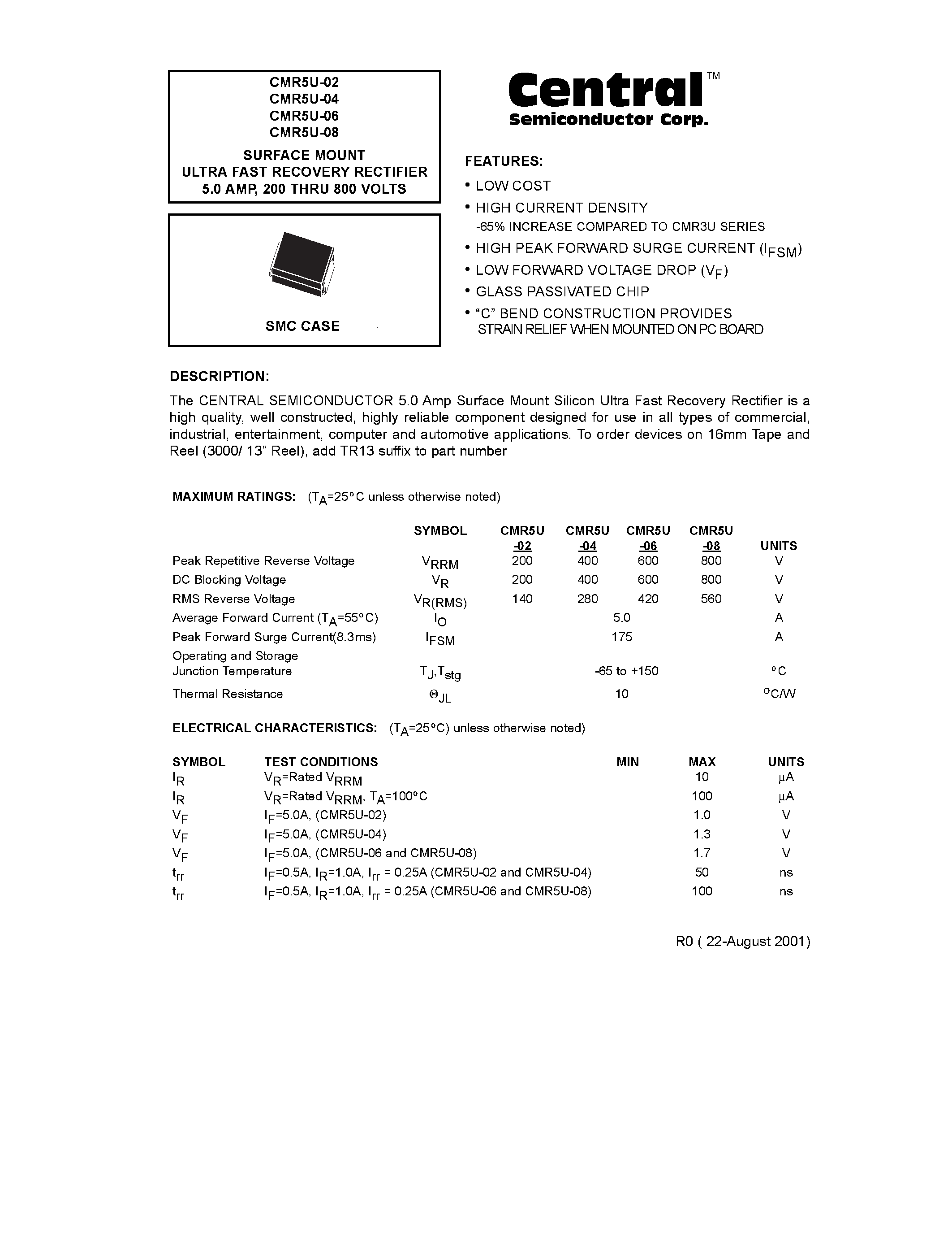 Datasheet CMR5U-06 - SURFACE MOUNT ULTRA FAST RECOVERY RECTIFIER 5.0 AMP/ 200 THRU 800 VOLTS page 1