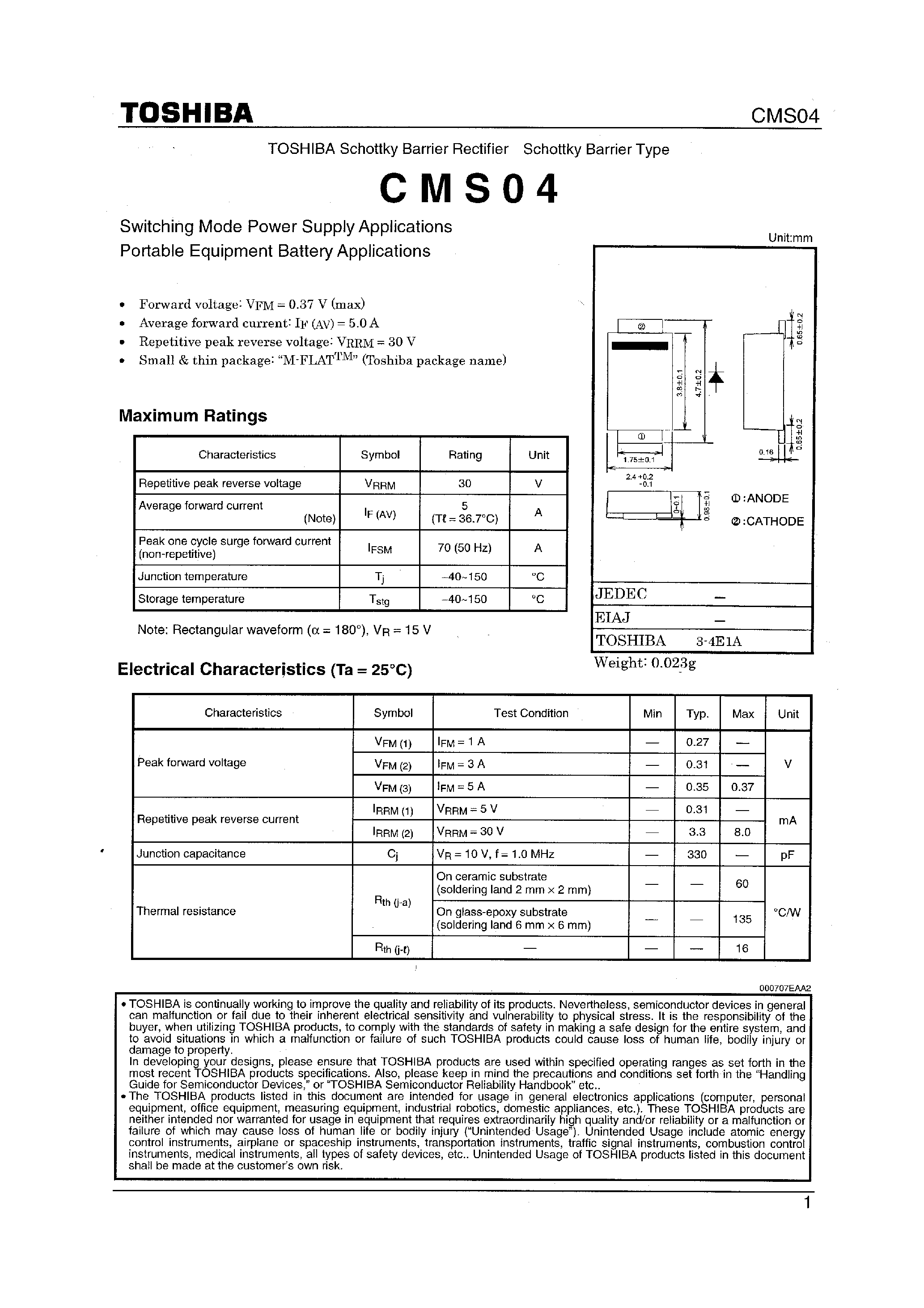 Datasheet CMS04 - Switching Mode Podwe Supply Appications Portable Equipment Battery Applications page 1