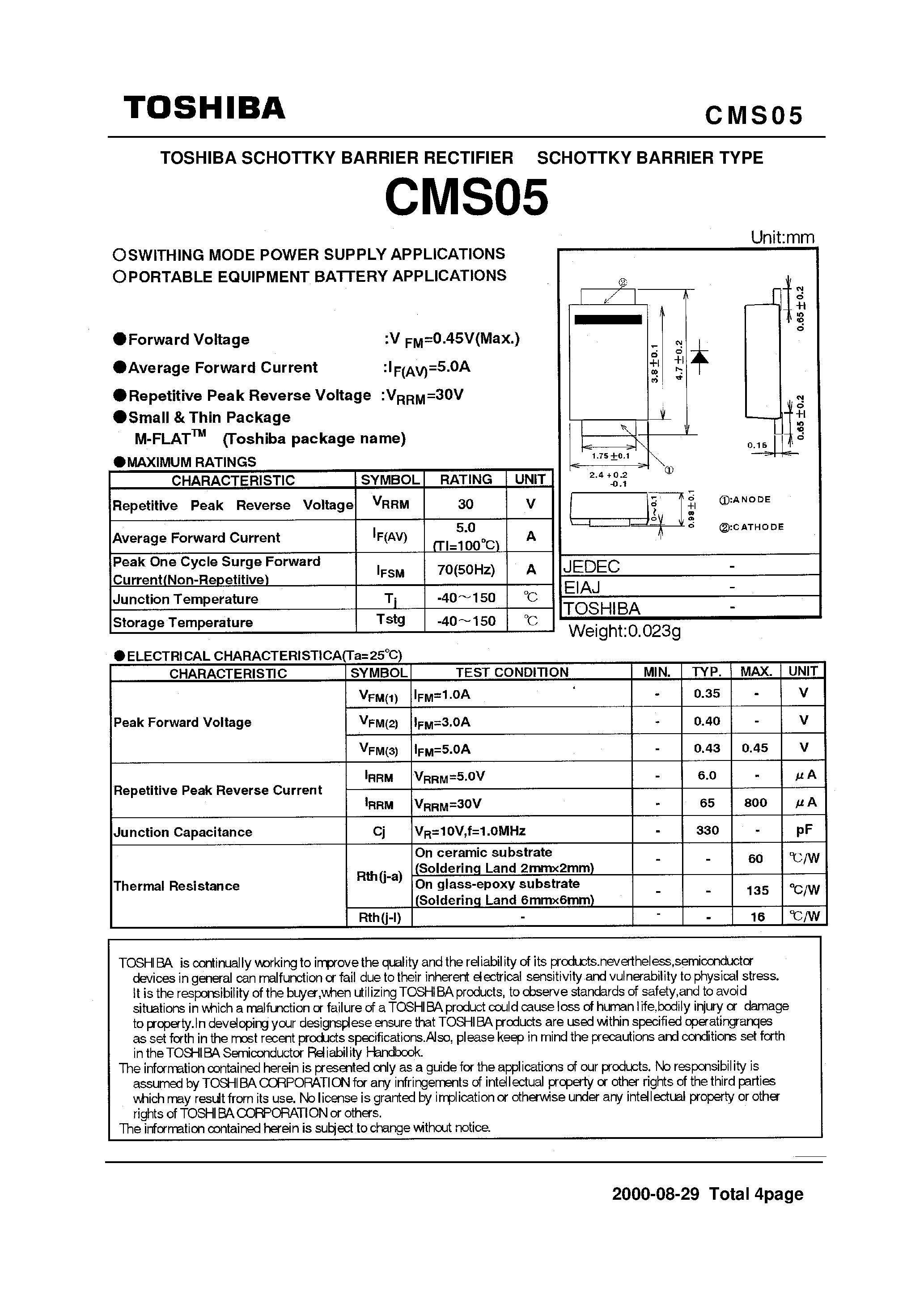 Datasheet CMS05 - SWITHING MODE POWER SUPPLY APPLICATIONS PORTABLE EQUIPMENT BATTARY APPLICATIONS page 1