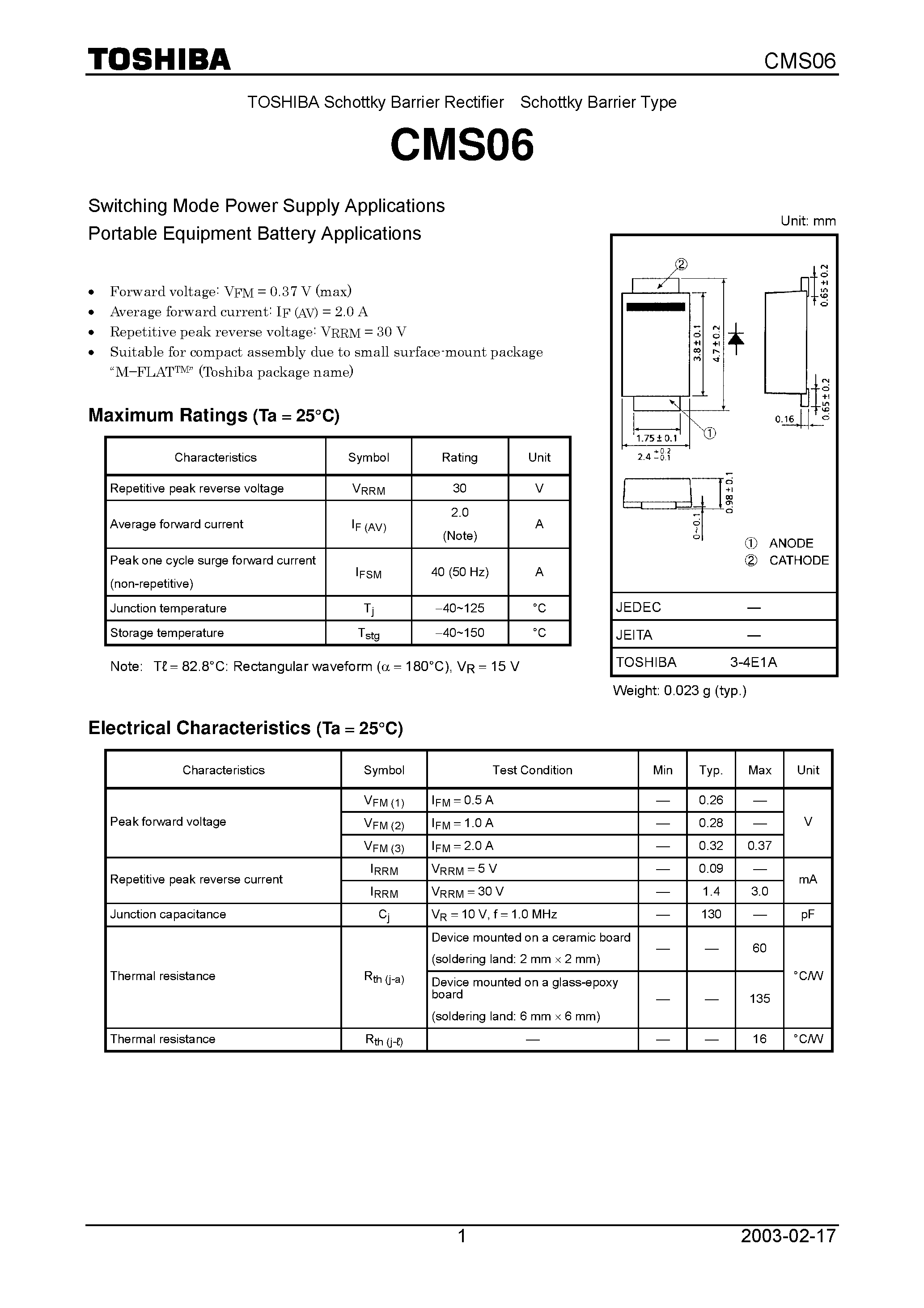 Datasheet CMS06 - TOSHIBA Schottky Barrier Rectifier Schottky Barrier Type page 1