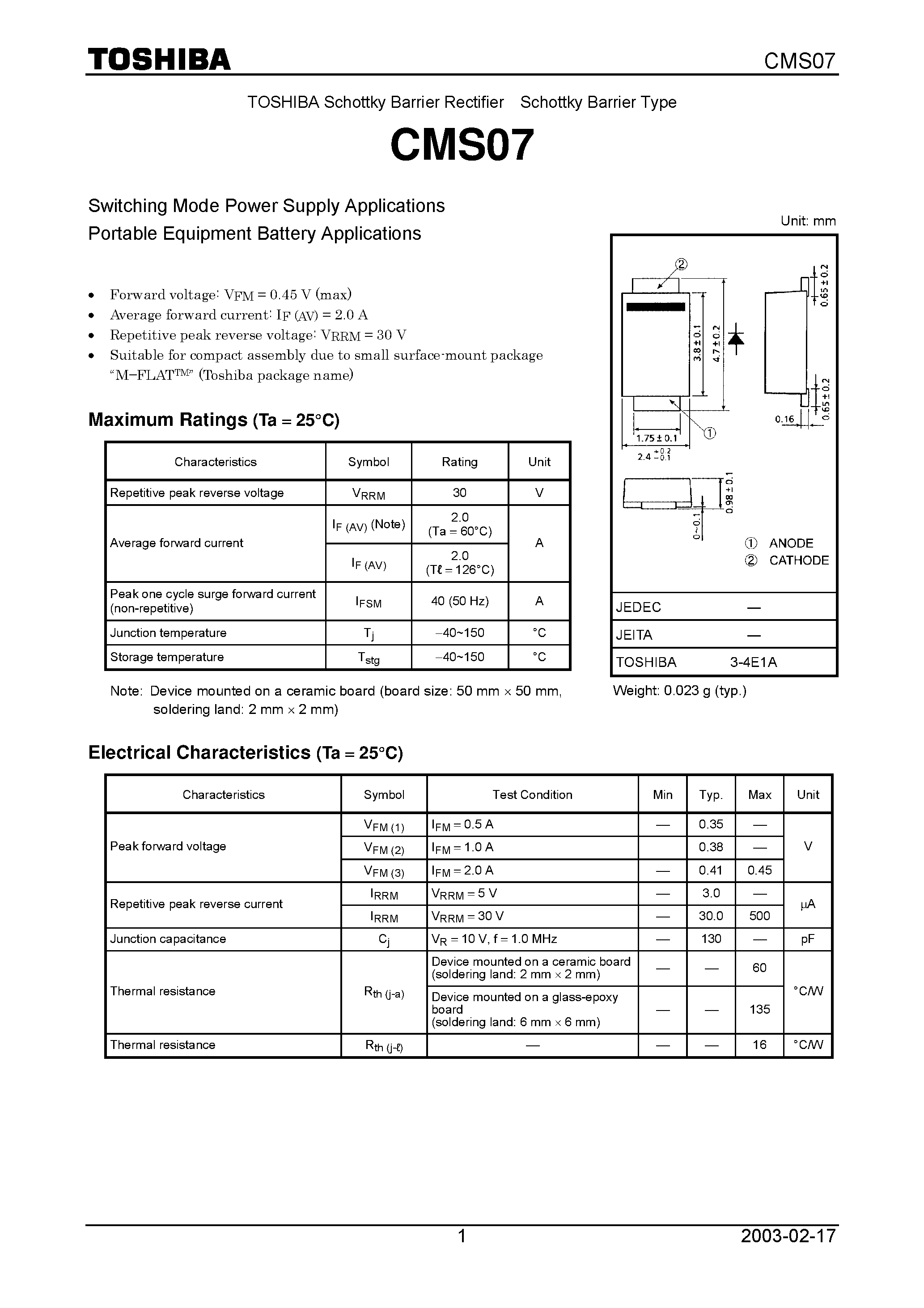 Datasheet CMS07 - Switching Mode Power Supply Applications Portable Equipment Battery Applications page 1