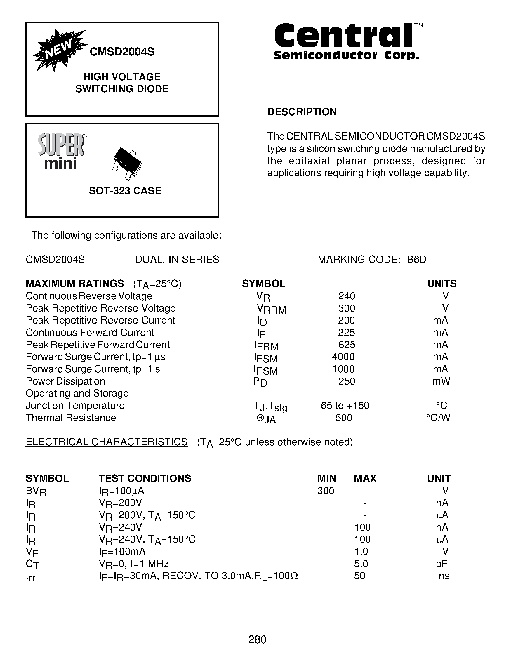 Даташит CMSD2004S - HIGH VOLTAGE SWITCHING DIODE страница 1