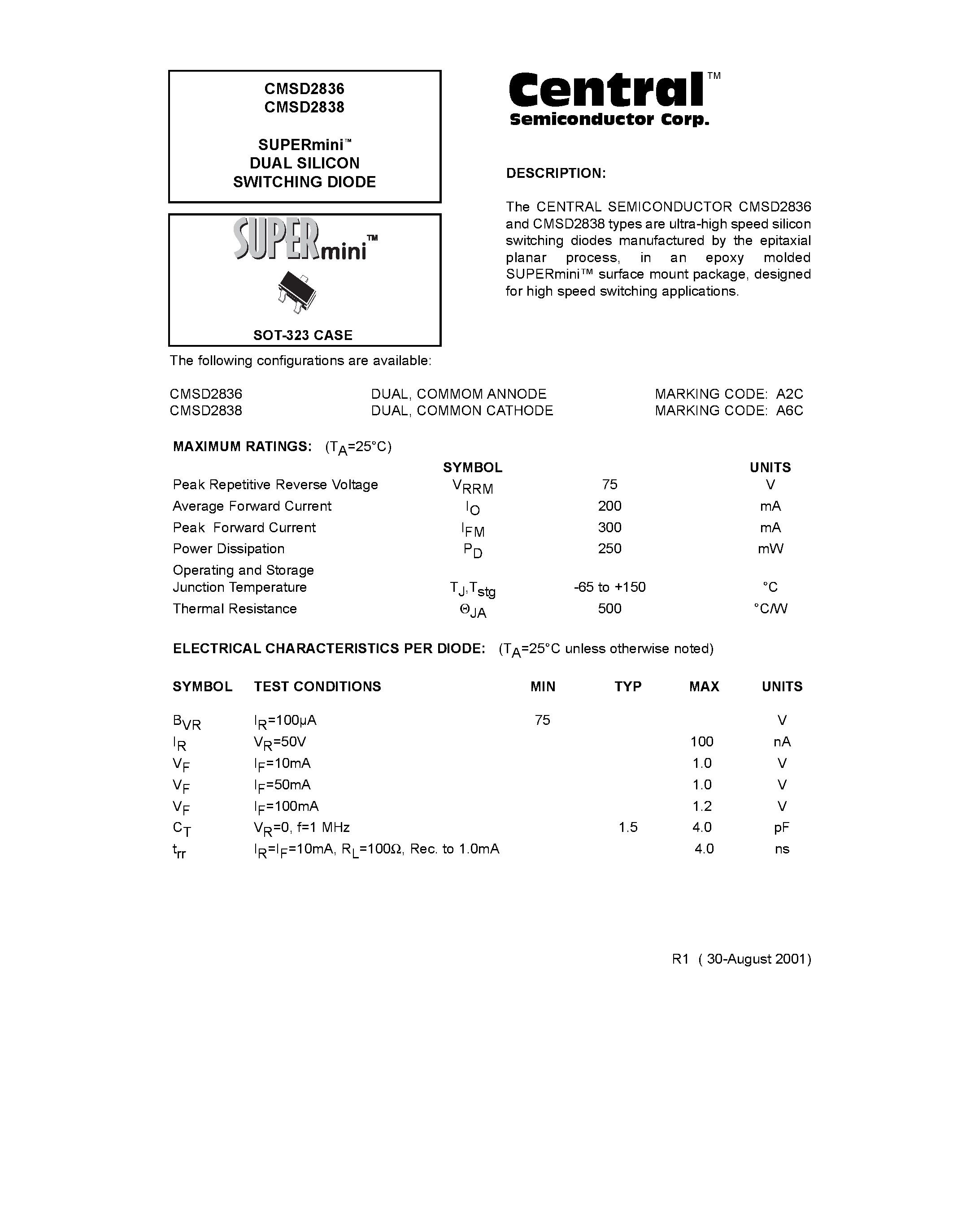 Даташит на микросхему CMSD2836 страница 1 Даташит CMSD2836 - SUPERmini. DUAL SILICON SWITCHING DIODE страница 1