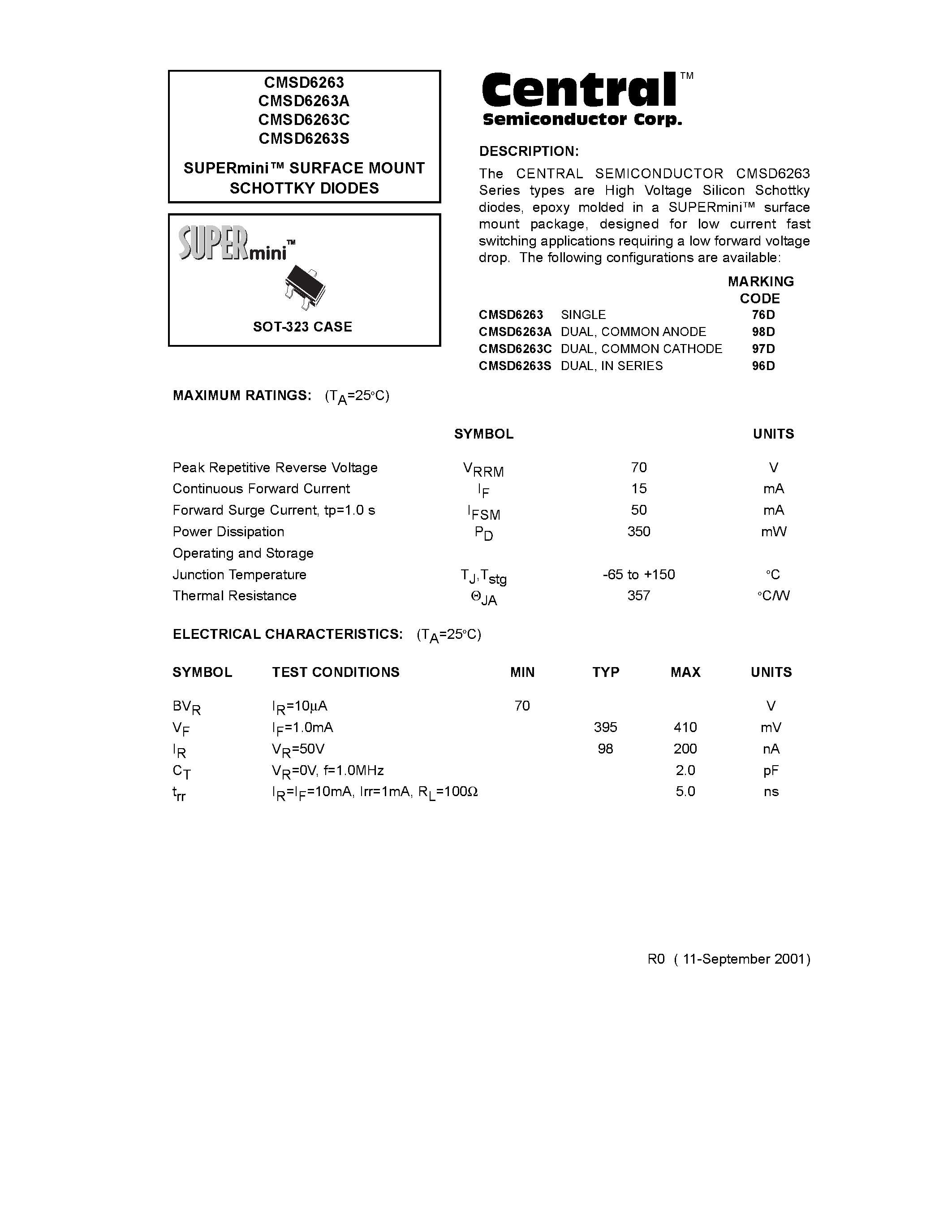 Даташит на микросхему CMSD6263A страница 1 Даташит CMSD6263A - SUPERmini. SURFACE MOUNT SCHOTTKY DIODES страница 1