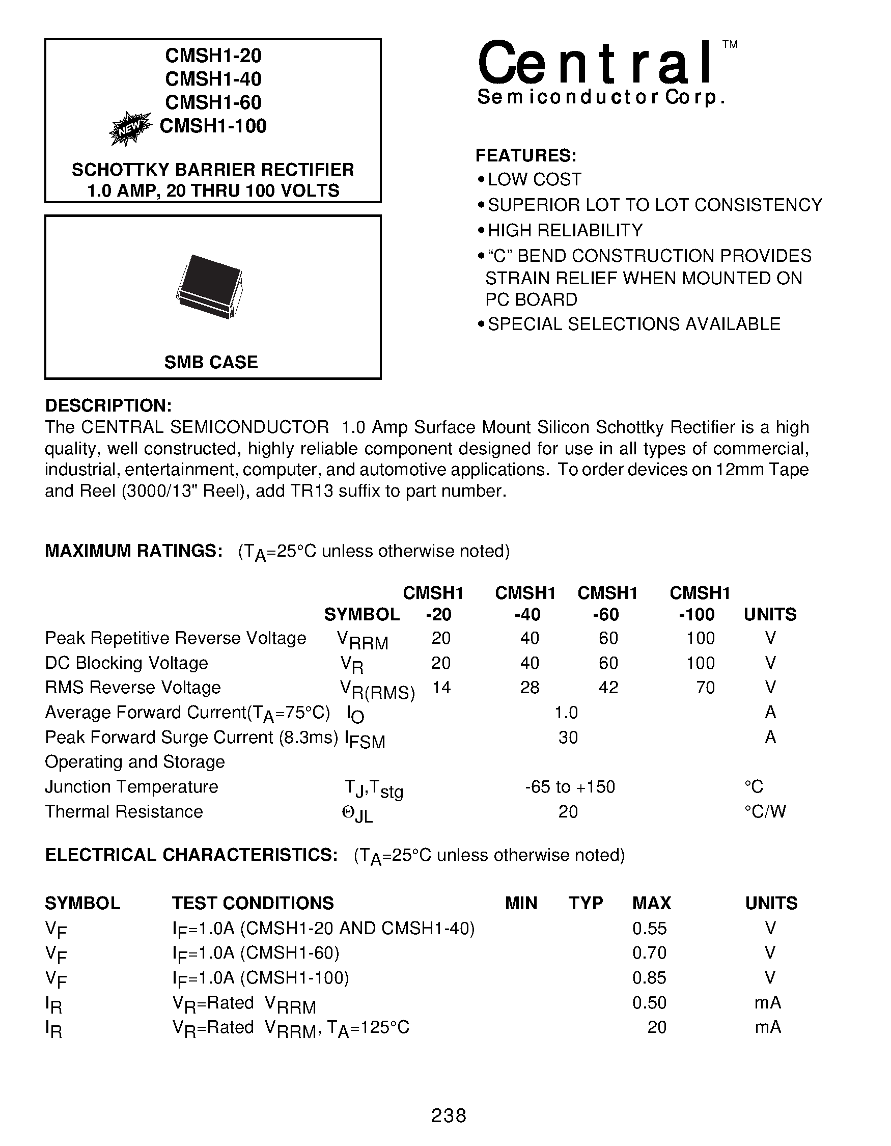 Datasheet CMSH1-100 page 1 Datasheet CMSH1-100 - SCHOTTKY BARRIER RECTIFIER 1.0 AMP/ 20 THRU 100 VOLTS page 1