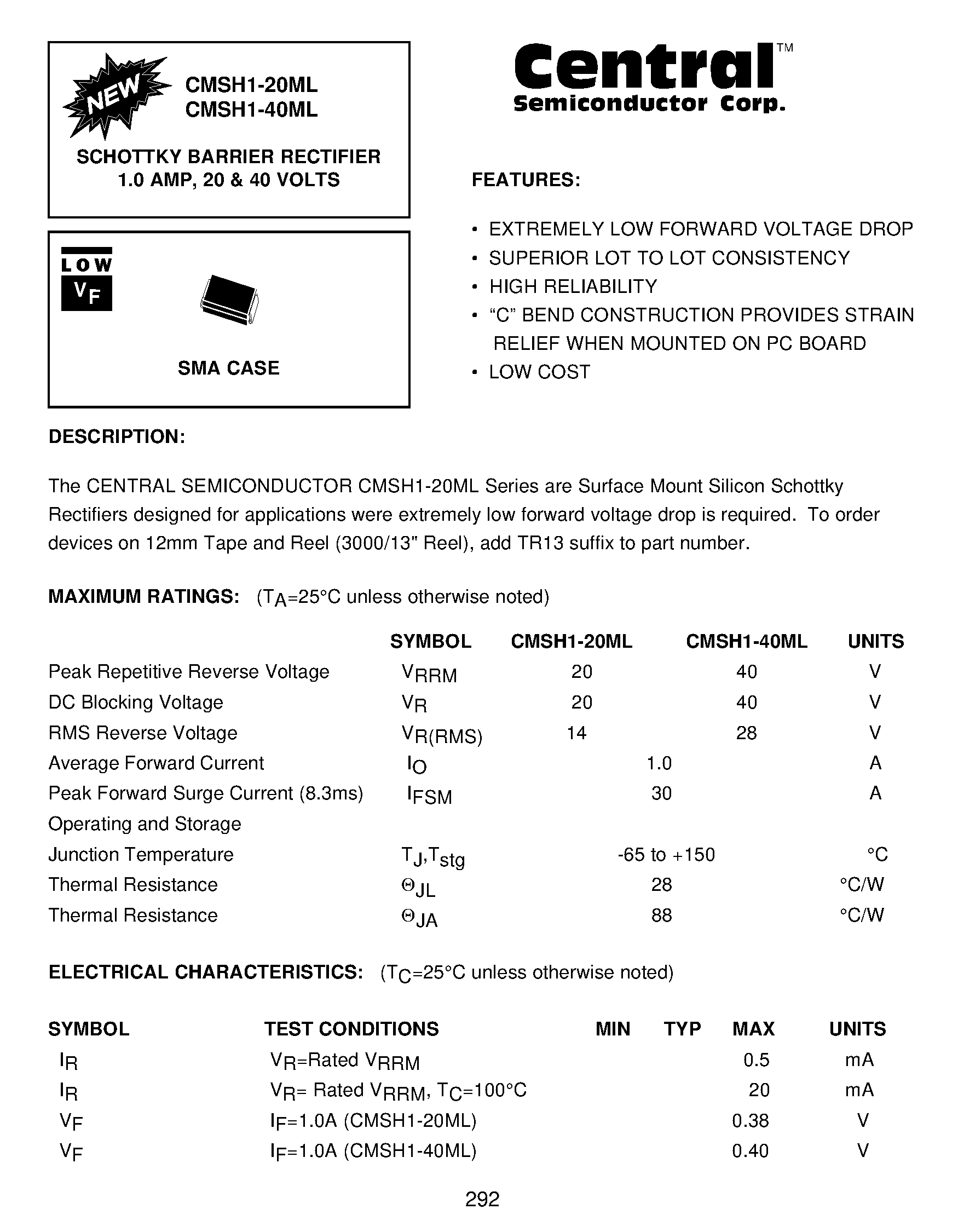 Datasheet CMSH1-40ML - SCHOTTKY BARRIER RECTIFIER 1.0 AMP/ 20 & 40 VOLTS page 1