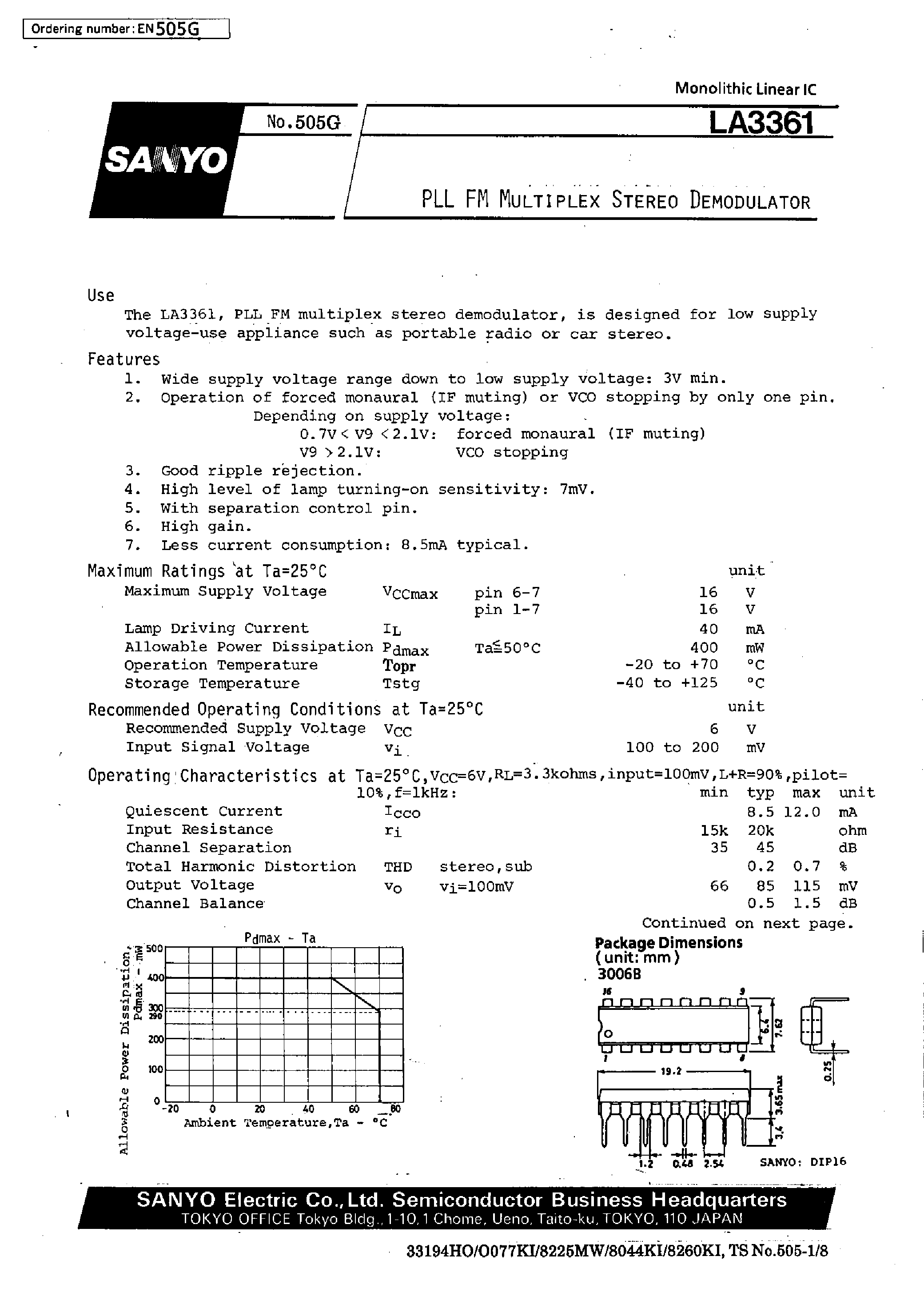 Даташит LA3361 - PLL FM Multiplex Stereo Demodulator страница 1