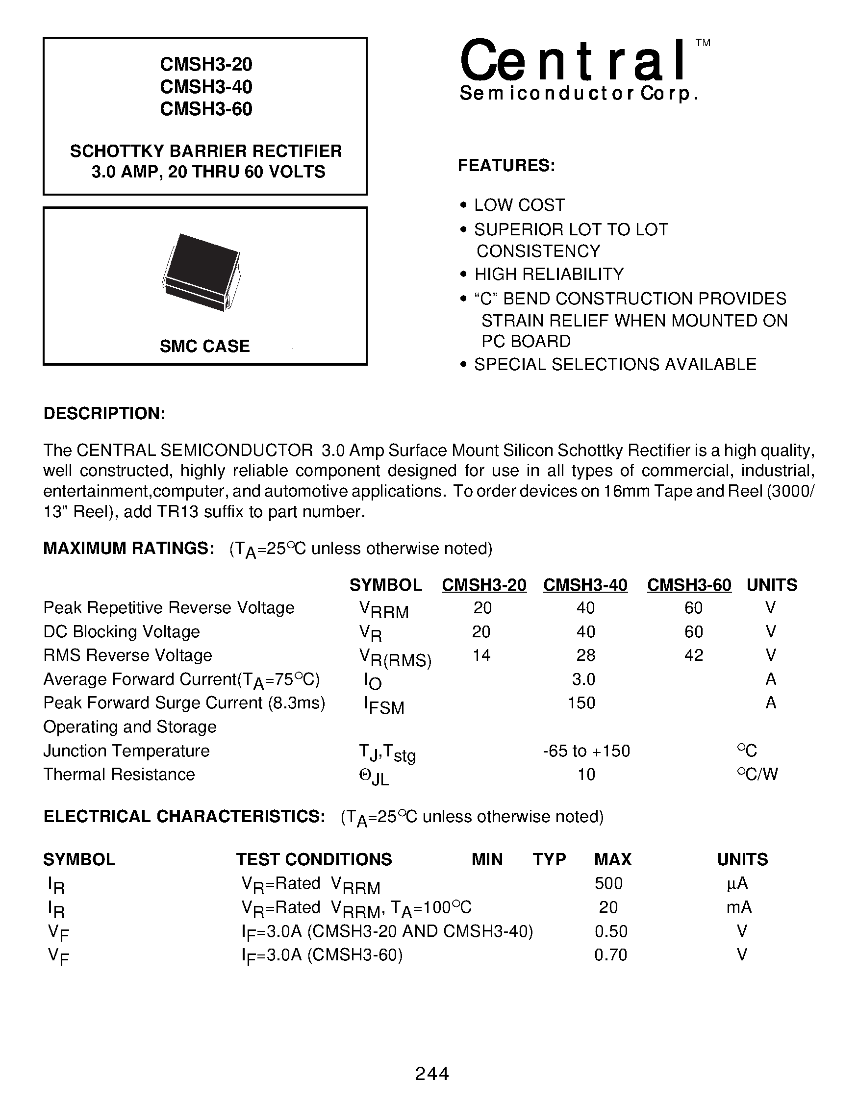Datasheet CMSH3-20 page 1 Datasheet CMSH3-20 - SCHOTTKY BARRIER RECTIFIER 3.0 AMP/ 20 THRU 60 VOLTS page 1