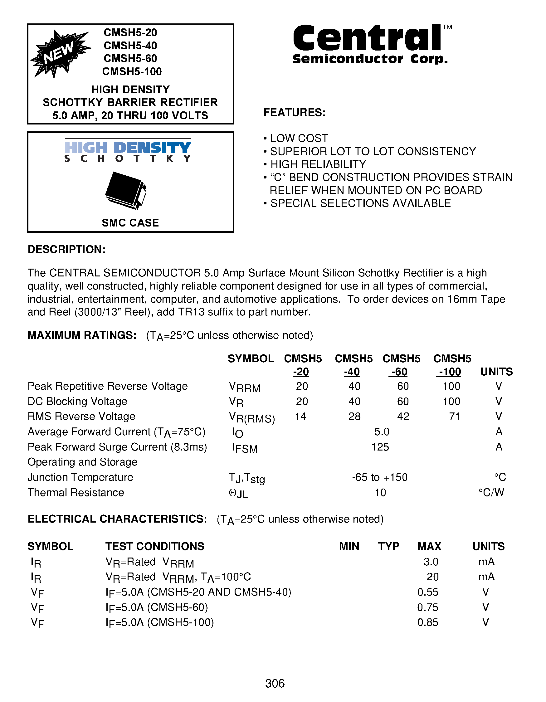 Datasheet CMSH5-40 - HIGH DENSITY SCHOTTKY BARRIER RECTIFIER 5.0 AMP/ 20 THRU 100 VOLTS page 1