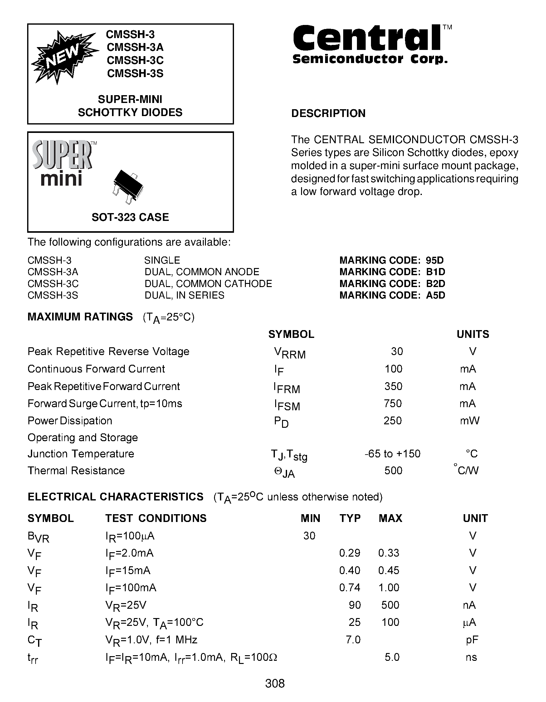 Datasheet CMSSH-3 - SUPER-MINI SCHOTTKY DIODES page 1