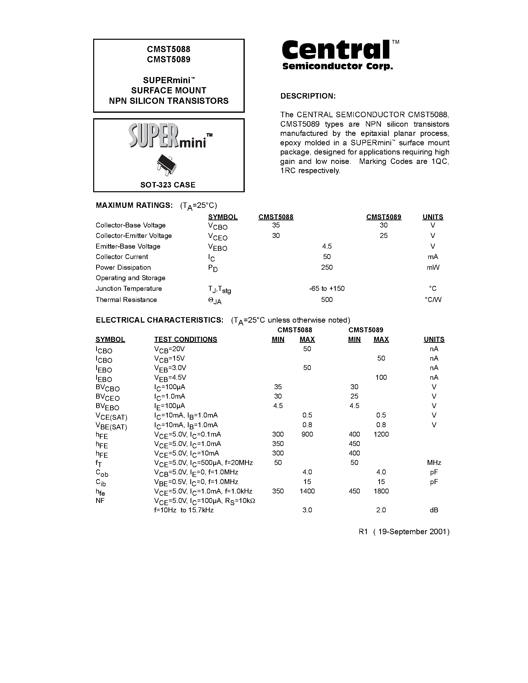Даташит CMST5088 - SUPERmini. SURFACE MOUNT NPN SILICON TRANSISTORS страница 1