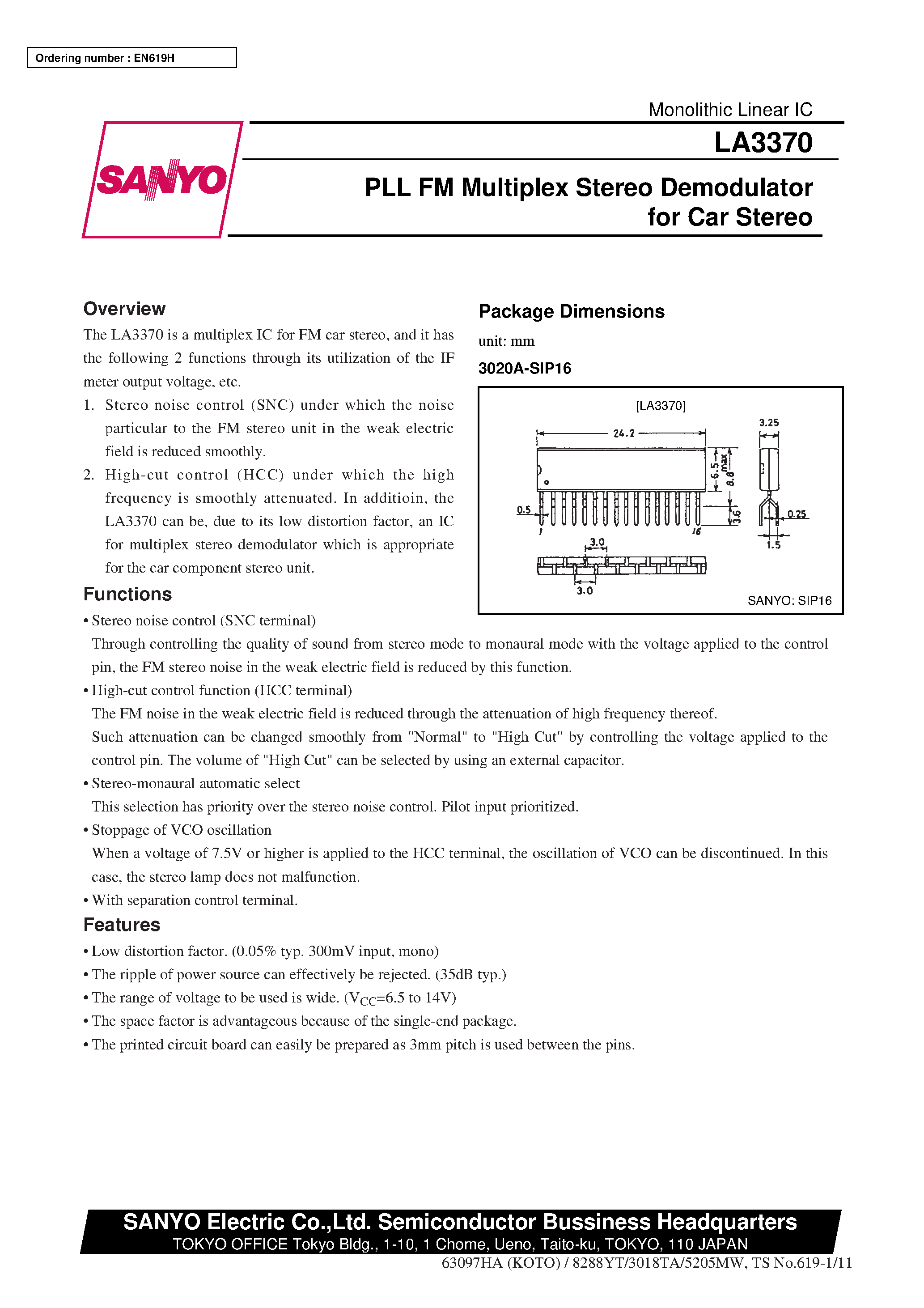 Datasheet LA3370 - PLL FM Multiplex Stereo Demodulator for Car Stereo page 1