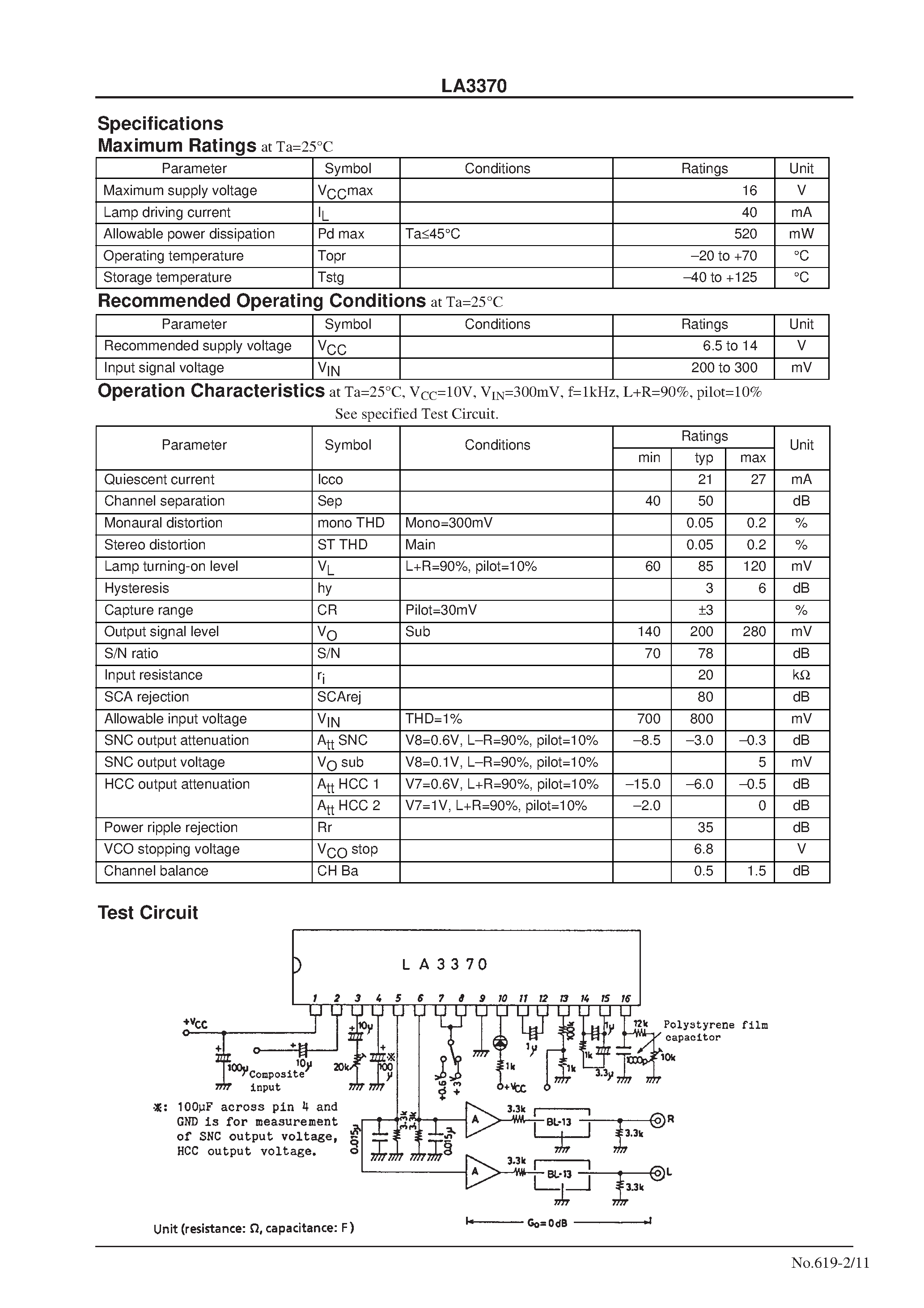 Datasheet LA3370 - PLL FM Multiplex Stereo Demodulator for Car Stereo page 2