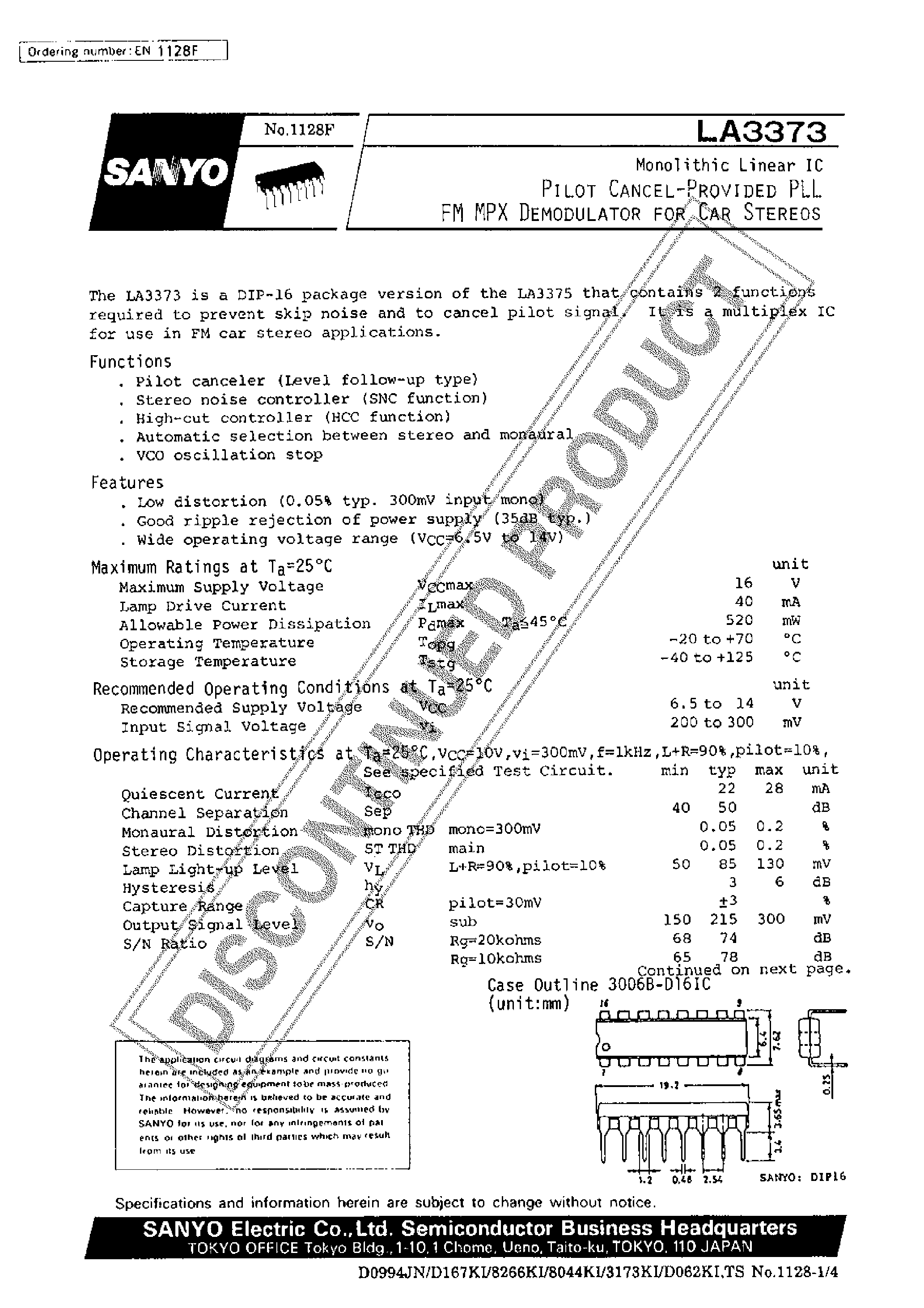 Даташит LA3373 - Pilot Cancel-Provided PLL FM MPX Demodulator for Car Stereos страница 1