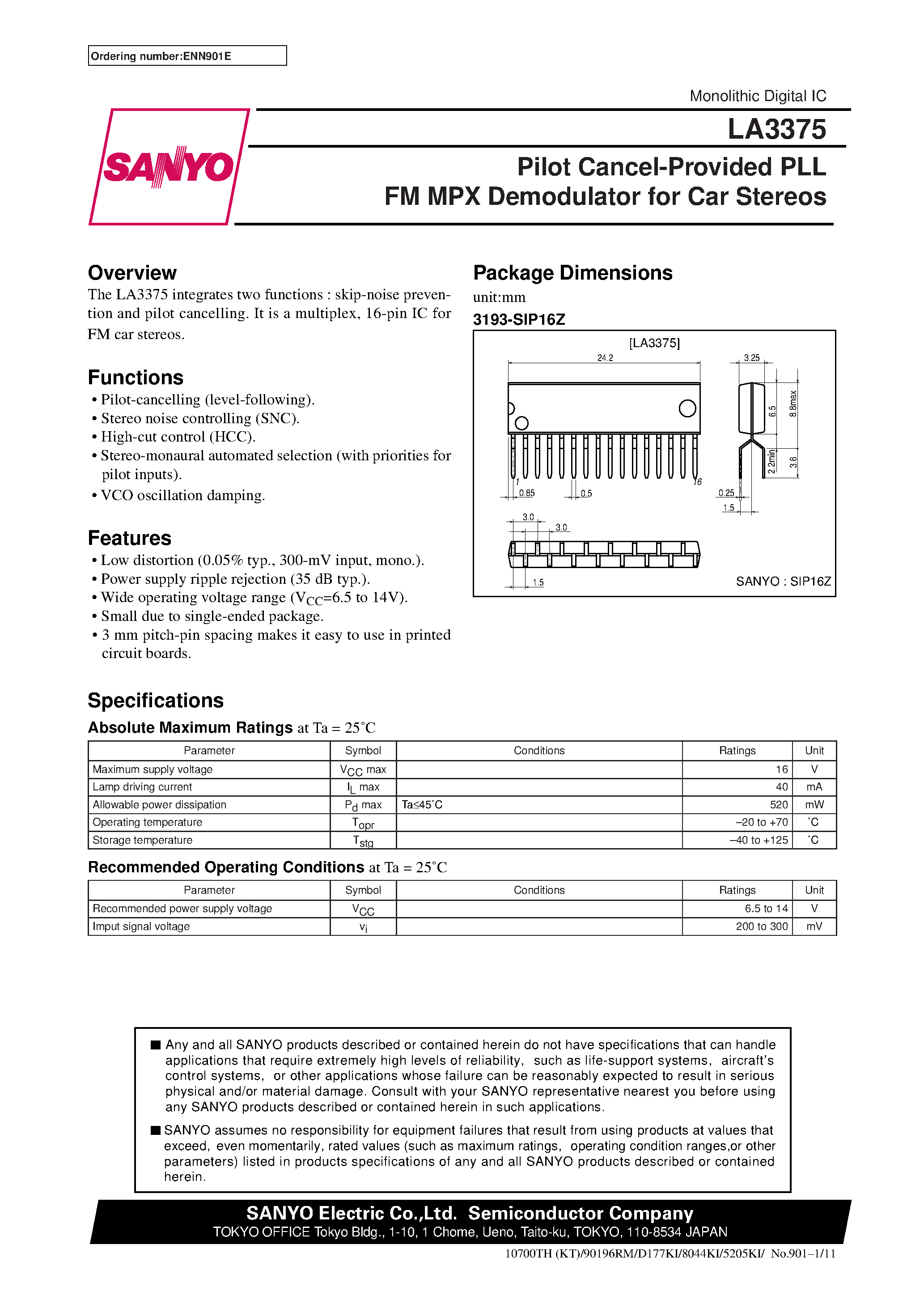 Даташит LA3375 - Pilot Cancel-Provided PLL FM MPX Demodulator for Car Stereos страница 1