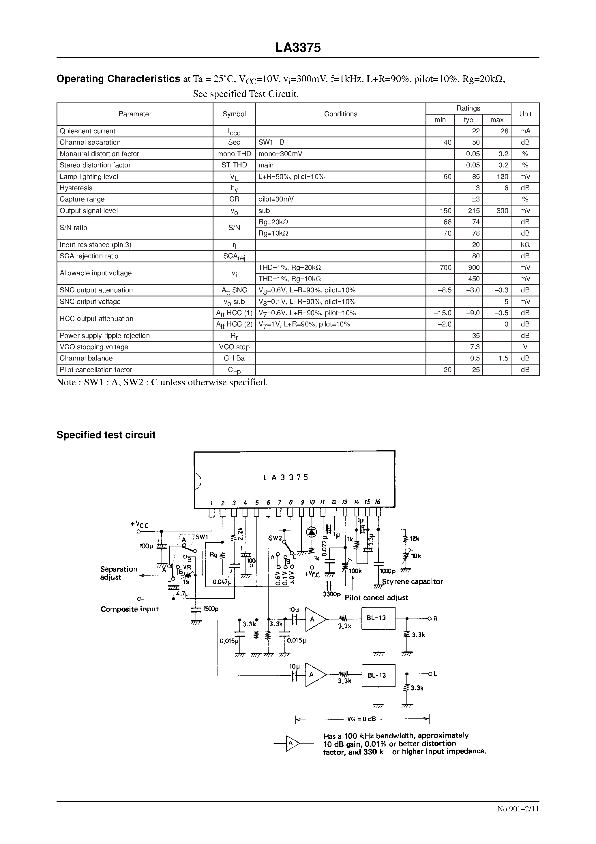 Даташит LA3375 - Pilot Cancel-Provided PLL FM MPX Demodulator for Car Stereos страница 2