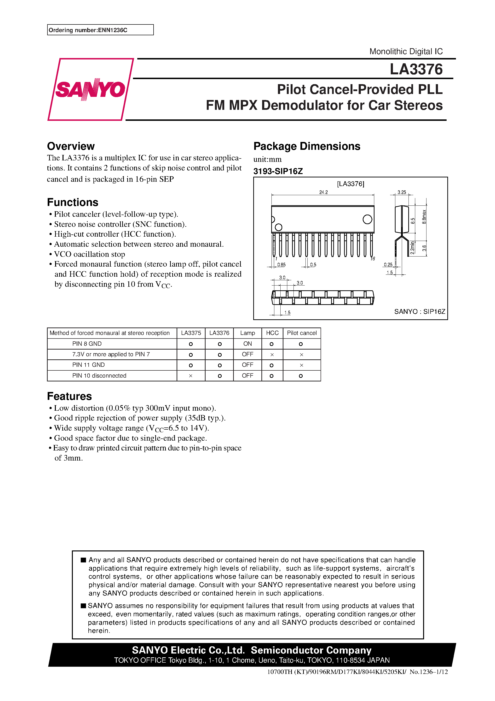 Даташит LA3376 - Pilot Cancel-Provided PLL FM MPX Demodulator for Car Stereos страница 1