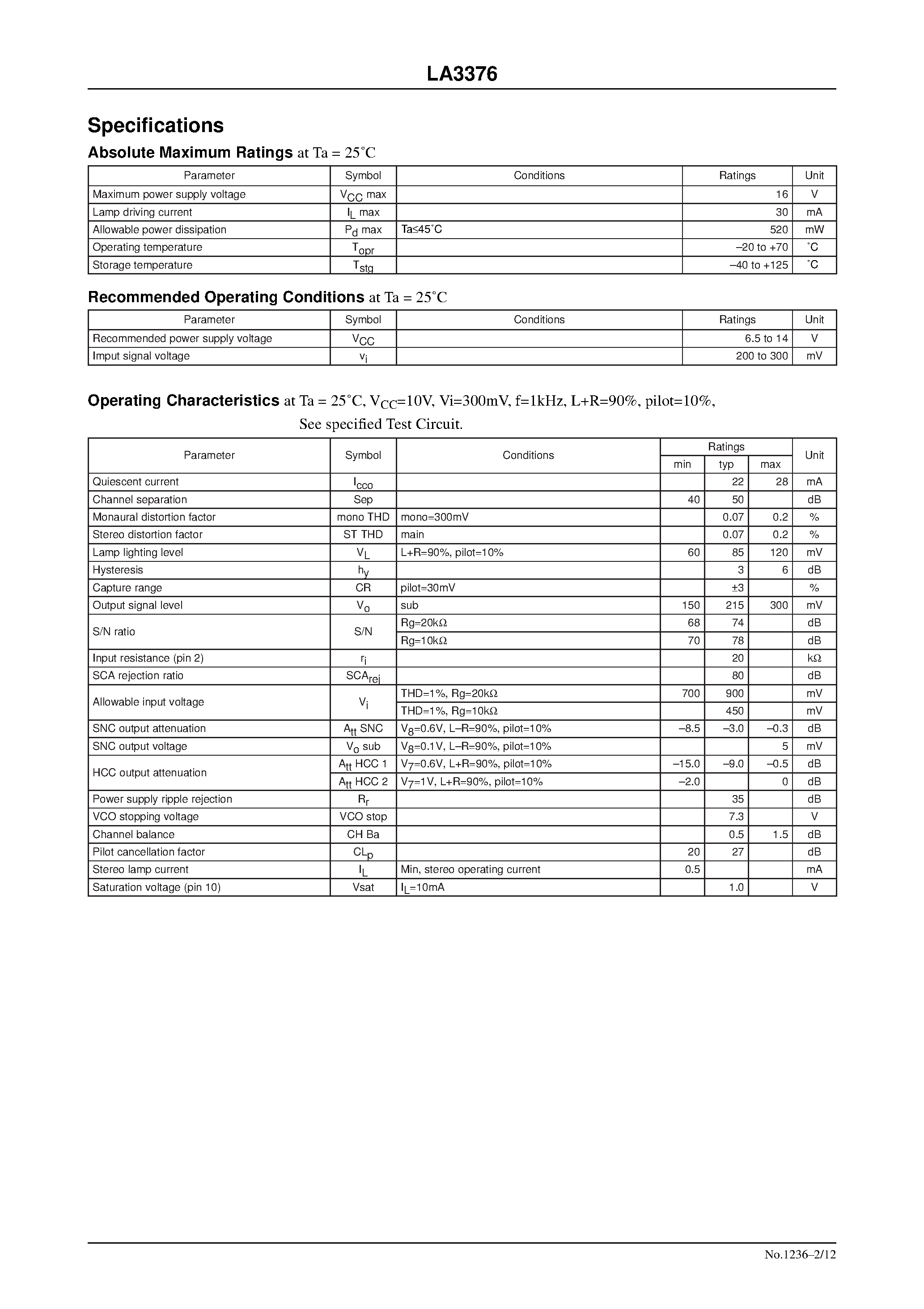 Даташит LA3376 - Pilot Cancel-Provided PLL FM MPX Demodulator for Car Stereos страница 2