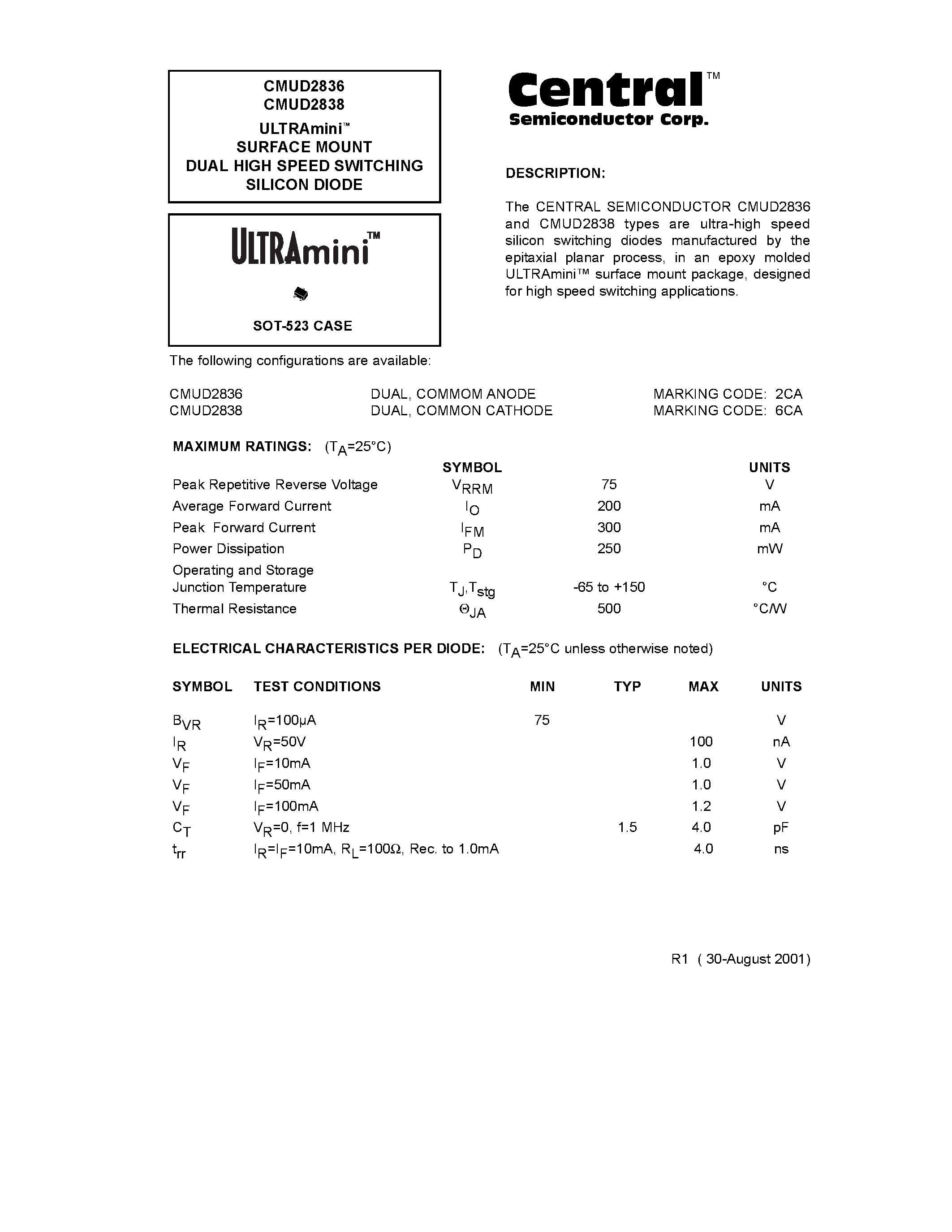 Даташит на микросхему CMUD2838 страница 1 Даташит CMUD2838 - ULTRAmini. SURFACE MOUNT DUAL HIGH SPEED SWITCHING SILICON DIODE страница 1