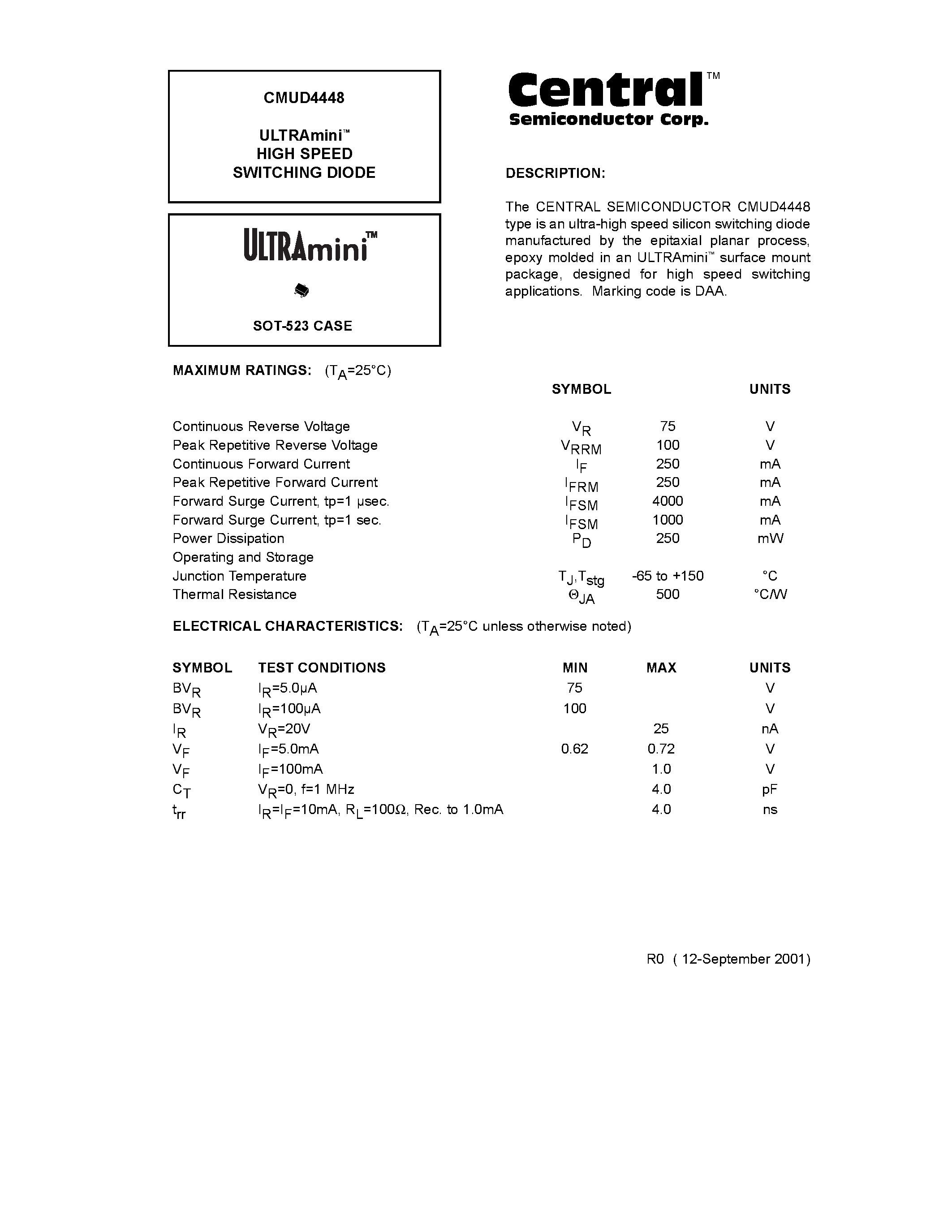 Даташит CMUD4448 - ULTRAmini. HIGH SPEED SWITCHING DIODE страница 1