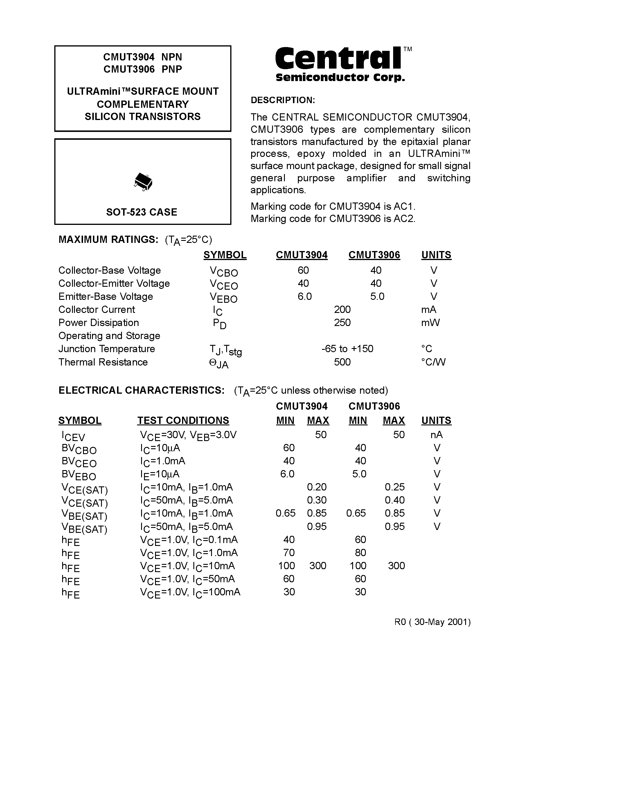 Даташит CMUT3906 - ULTRAmini.SURFACE MOUNT COMPLEMENTARY SILICON TRANSISTORS страница 1