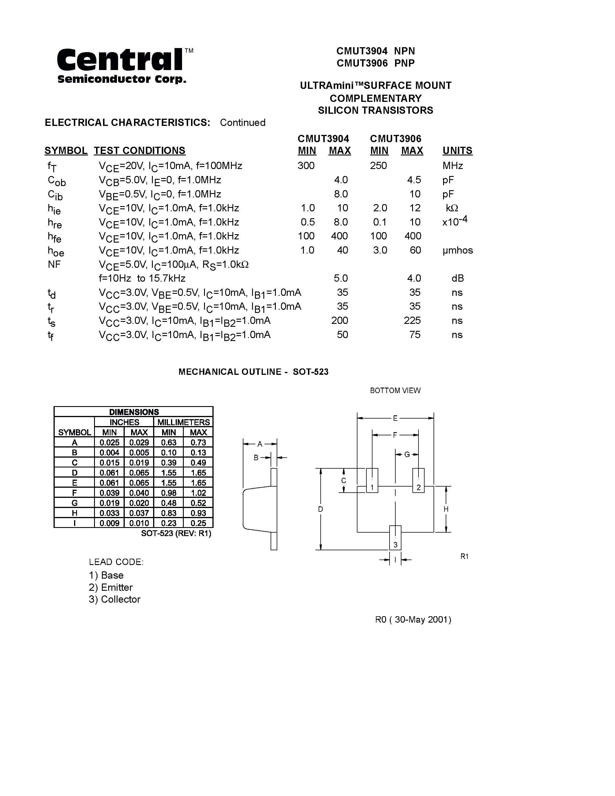 Даташит CMUT3906 - ULTRAmini.SURFACE MOUNT COMPLEMENTARY SILICON TRANSISTORS страница 2